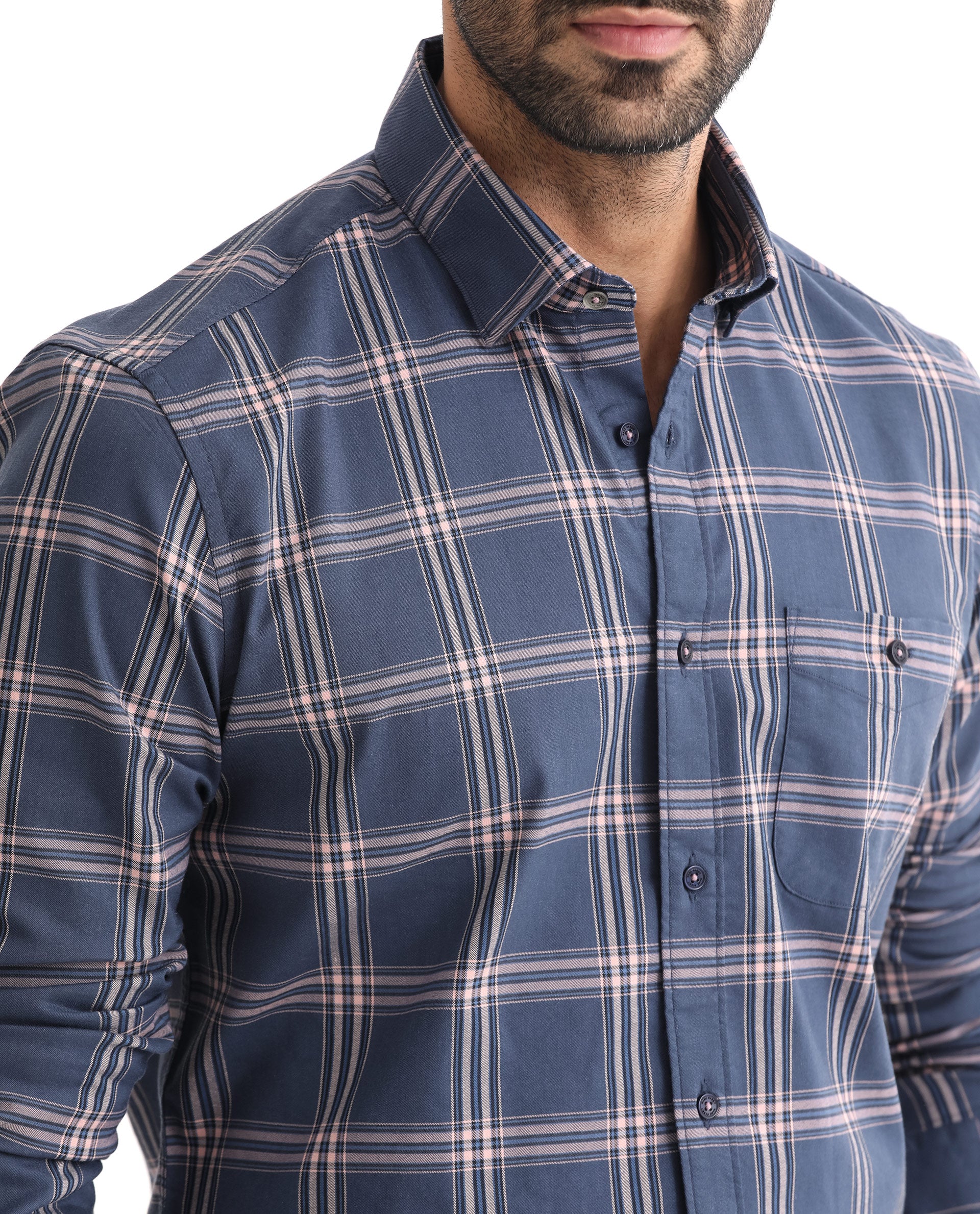 Rare Rabbit Men's Imperial Blue Cotton Polyester Fabric Full Sleeves Checks Shirt