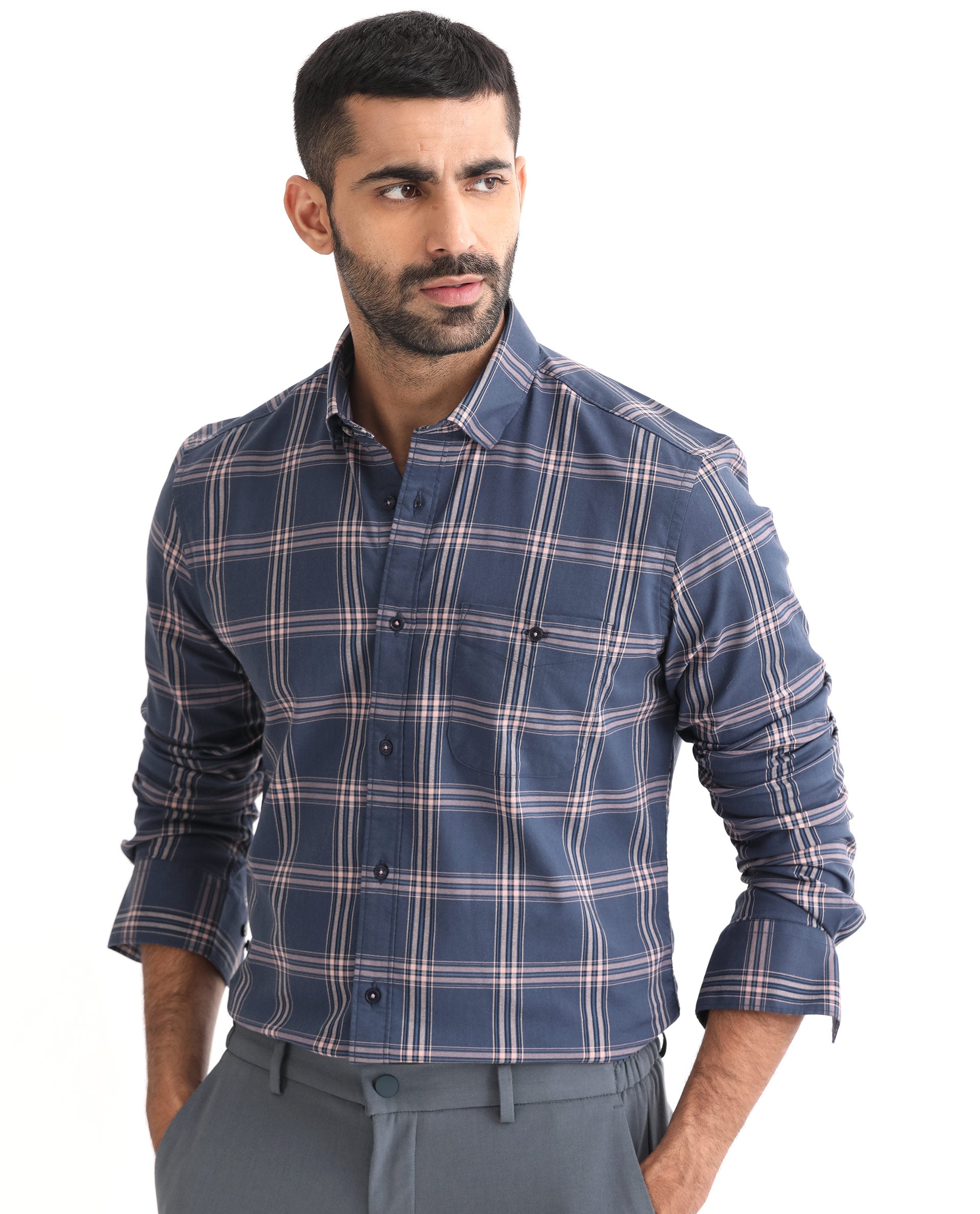 Rare Rabbit Men's Imperial Blue Cotton Polyester Fabric Full Sleeves Checks Shirt