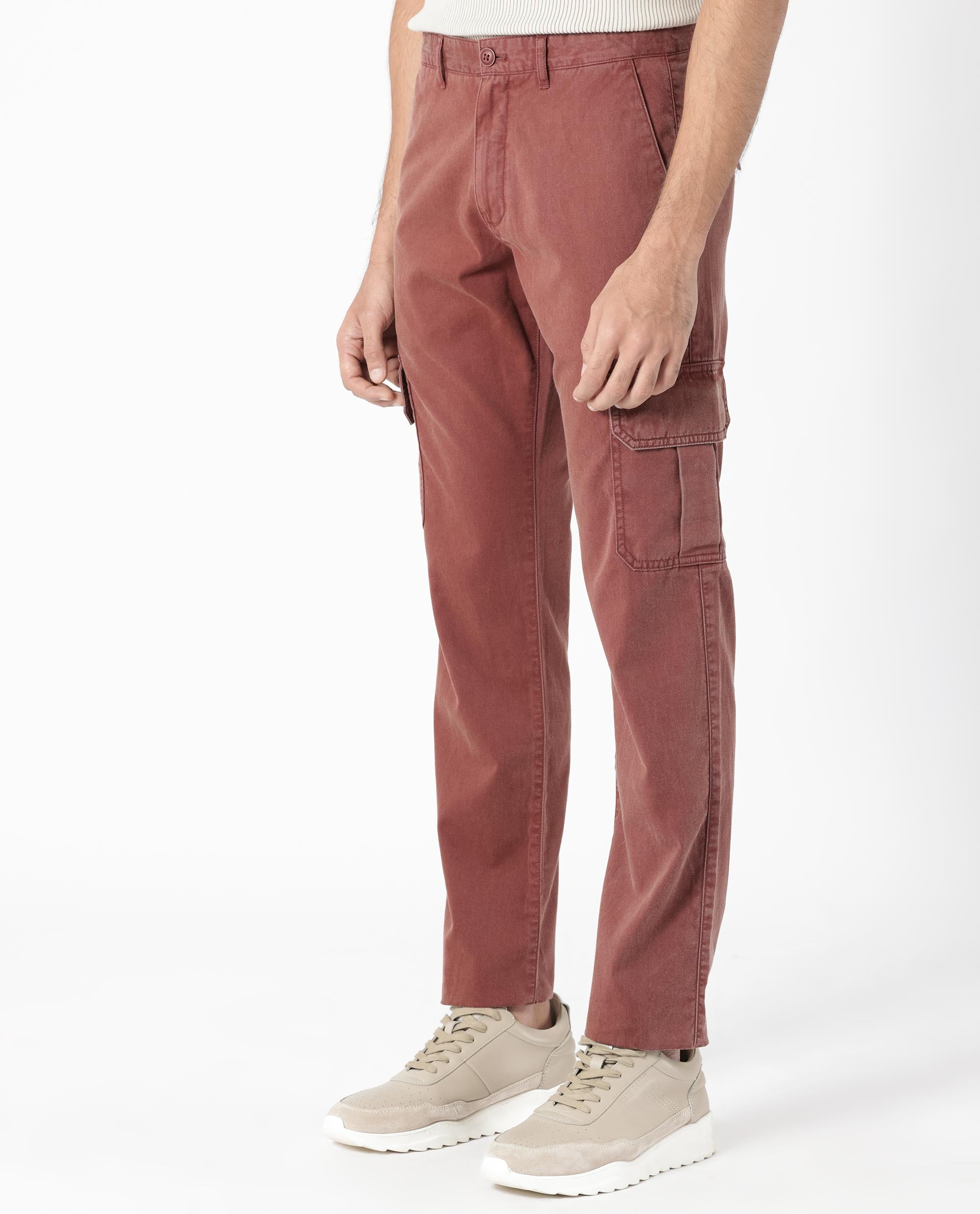 Rare Rabbit Men's Inbuil Brown Cotton Plain Regular Fit Trouser