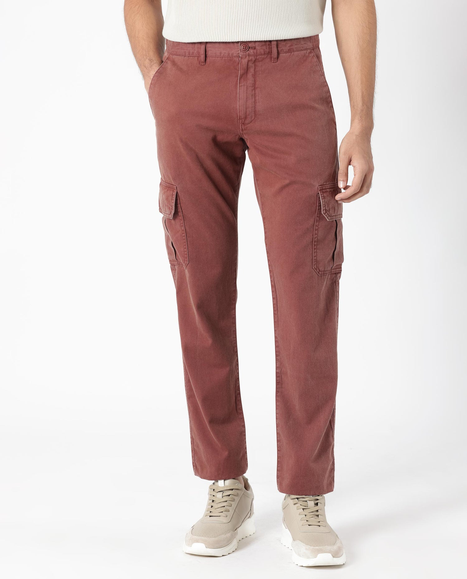 Rare Rabbit Men's Inbuil Brown Mid-Rise Regular Fit Cargo Trousers