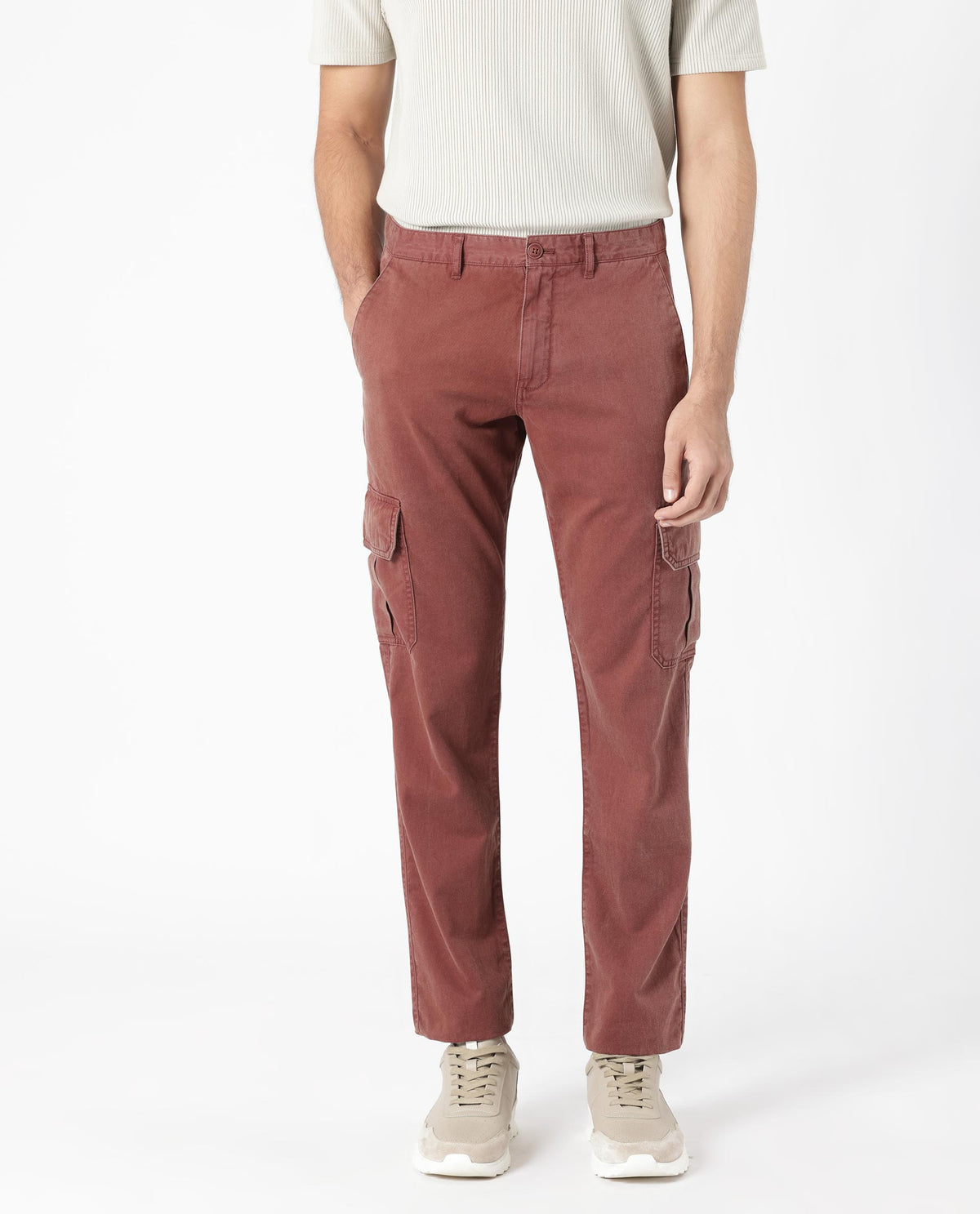 Rare Rabbit Men's Inbuil Brown Mid-Rise Regular Fit Cargo Trousers