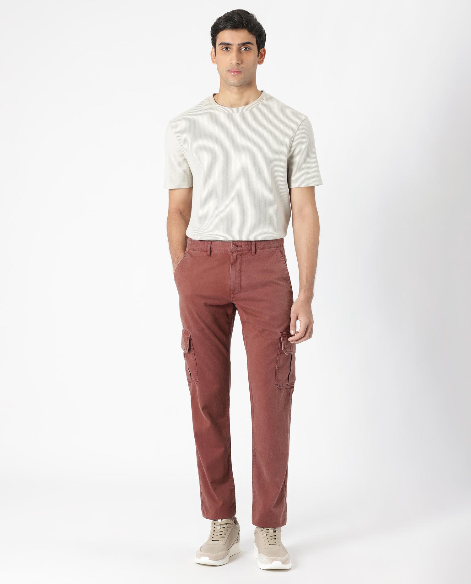 Rare Rabbit Men's Inbuil Brown Mid-Rise Regular Fit Cargo Trousers