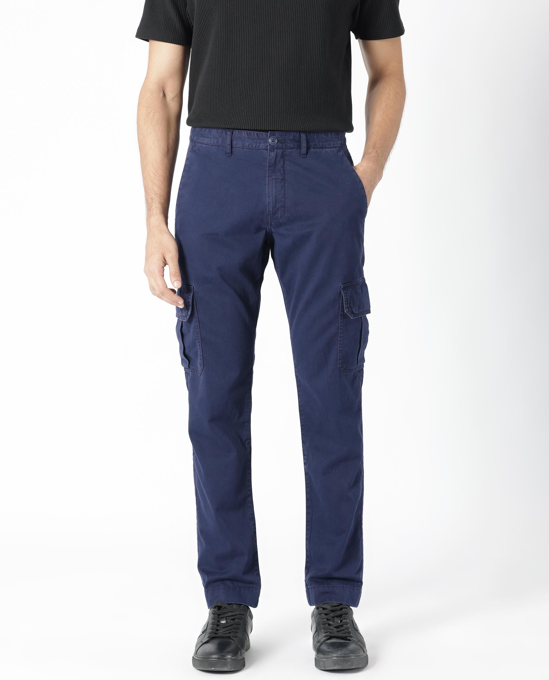 Rare Rabbit Men's Inbuil Navy Mid-Rise Regular Fit Cargo Trousers