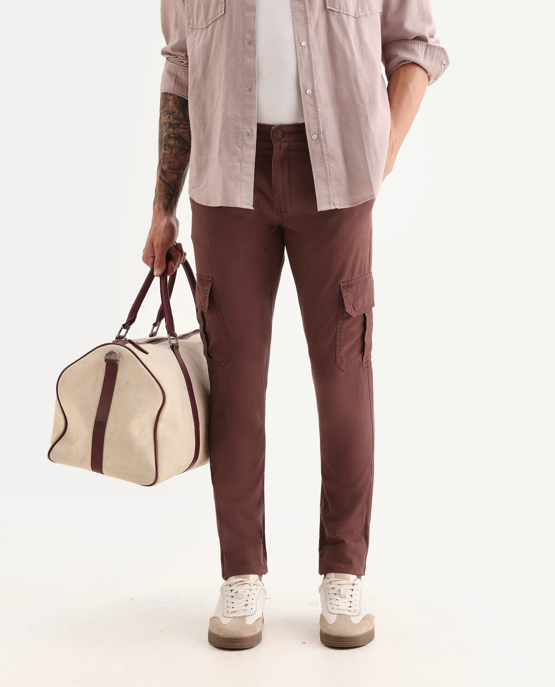 Rare Rabbit Men's Inbuil Light Brown Cotton Plain Regular Fit Trouser