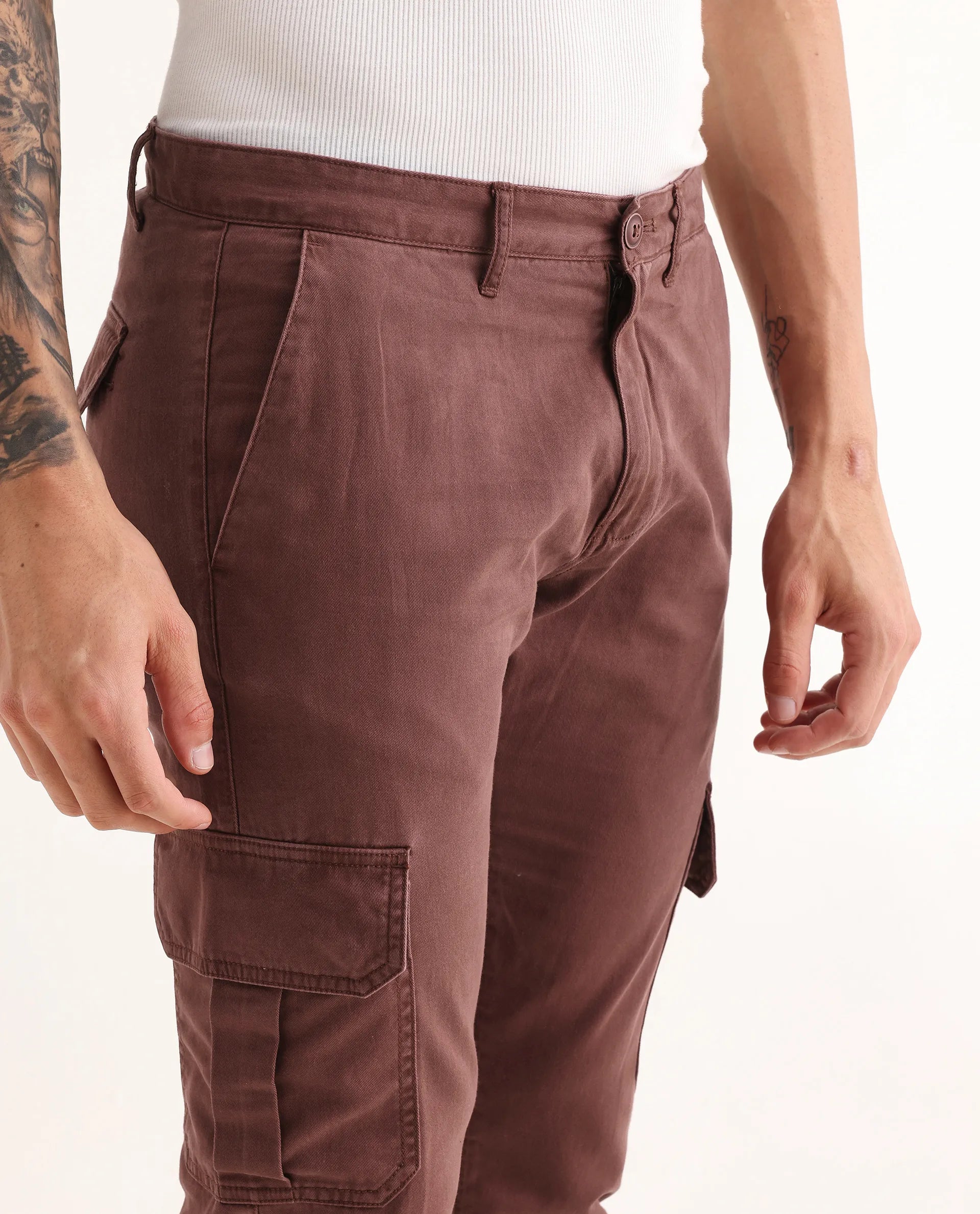 Rare Rabbit Men's Inbuil Light Brown Cotton Plain Regular Fit Trouser