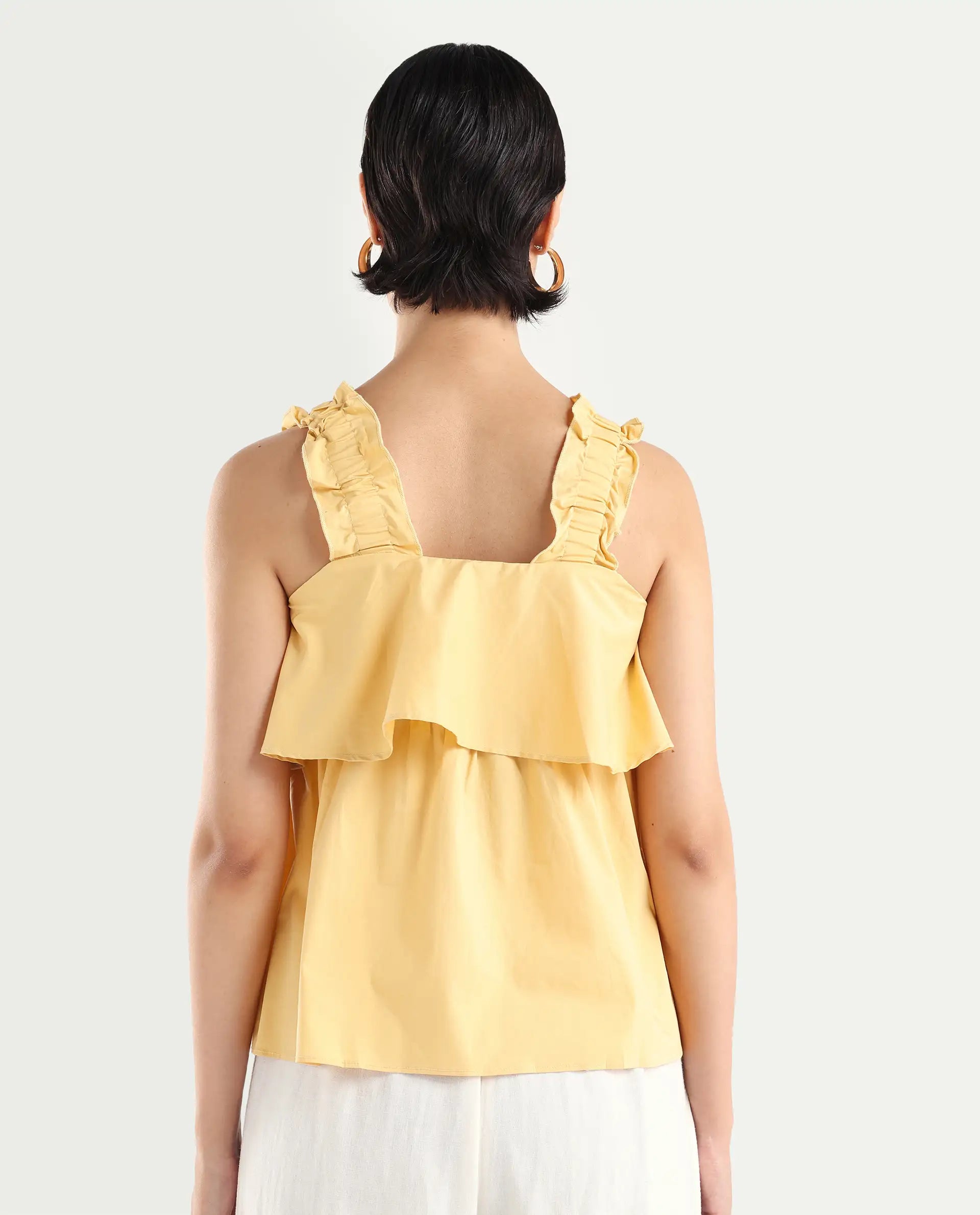 Rareism Women's Indika Yellow Cotton Blend Square Neck Plain Ruffled Sleeve Relaxed Fit Top