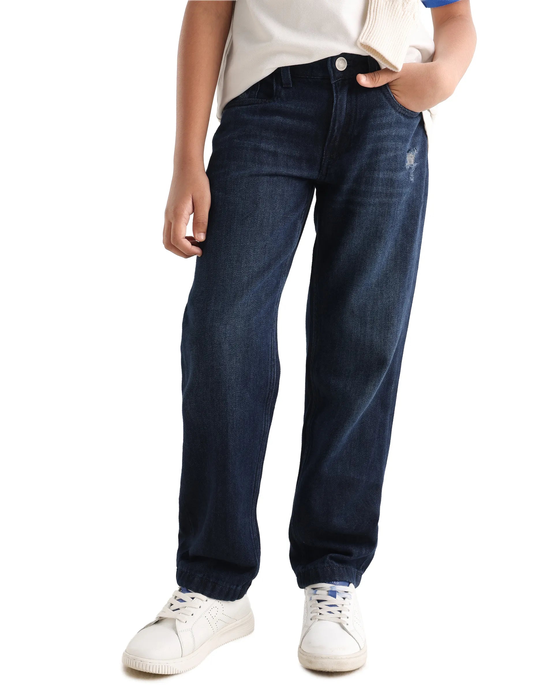Rare Ones Kids Indi-K Dark Navy Cotton Button And Zip Closure Plain Regular Fit Jeans