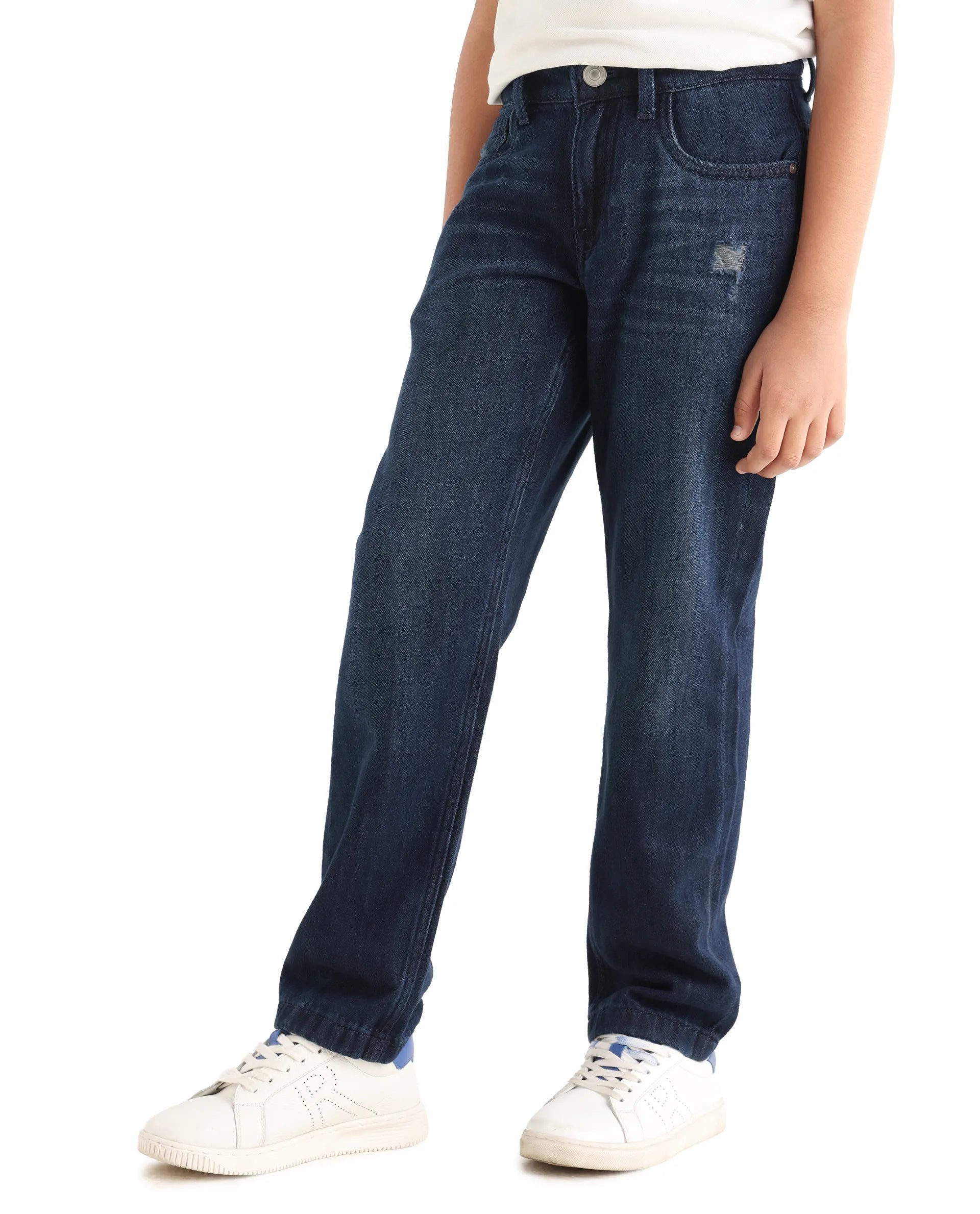 Rare Ones Kids Indi-K Dark Navy Cotton Button And Zip Closure Plain Regular Fit Jeans