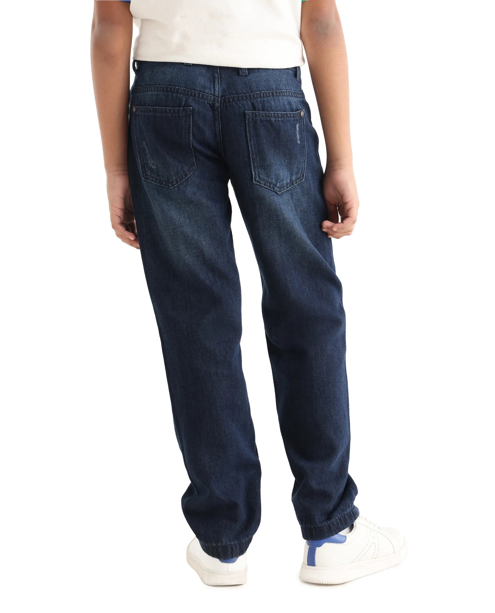 Rare Ones Kids Indi-K Dark Navy Cotton Button And Zip Closure Plain Regular Fit Jeans