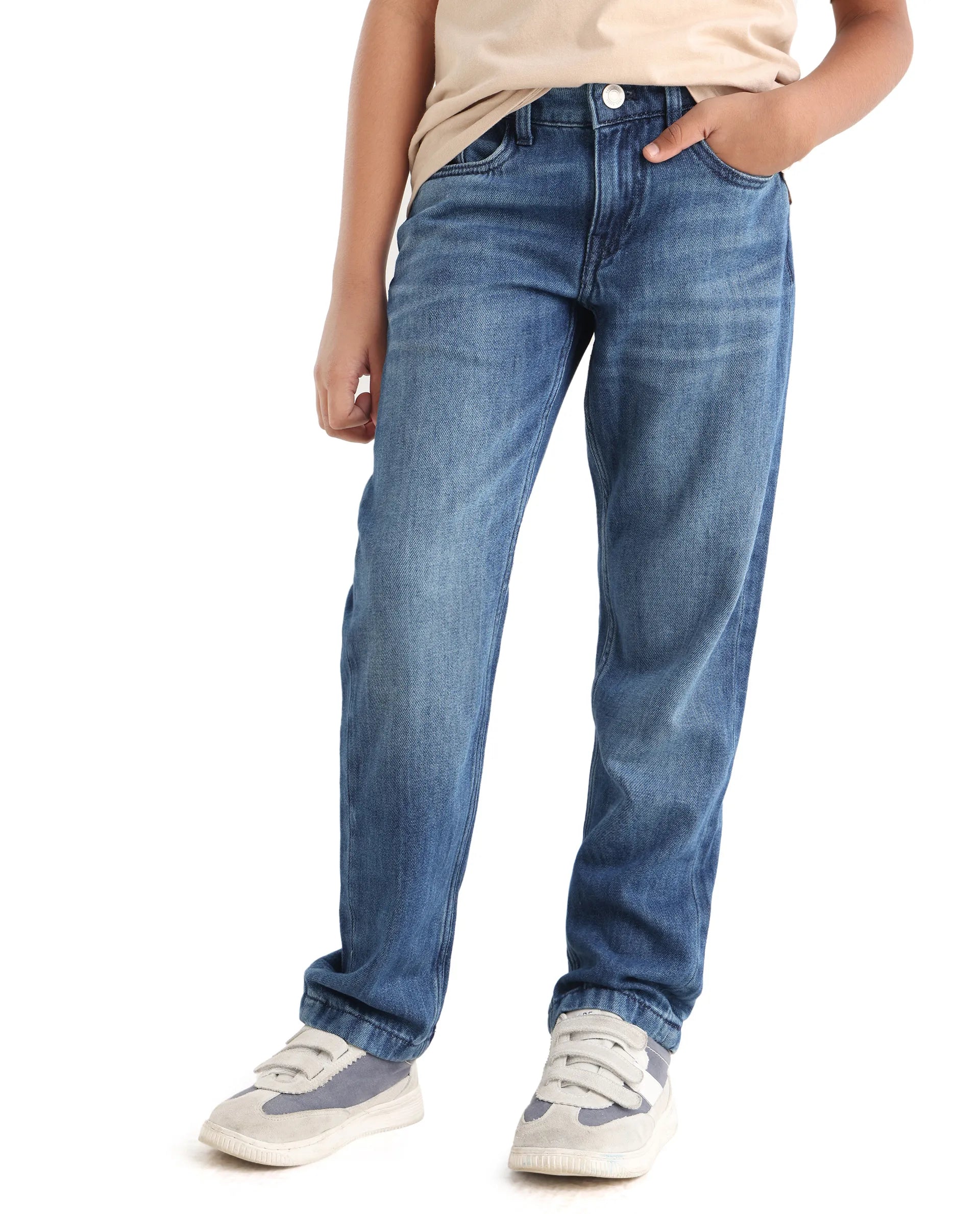 Rare Ones Kids Indi-K Light Navy Cotton Button And Zip Closure Plain Regular Fit Jeans