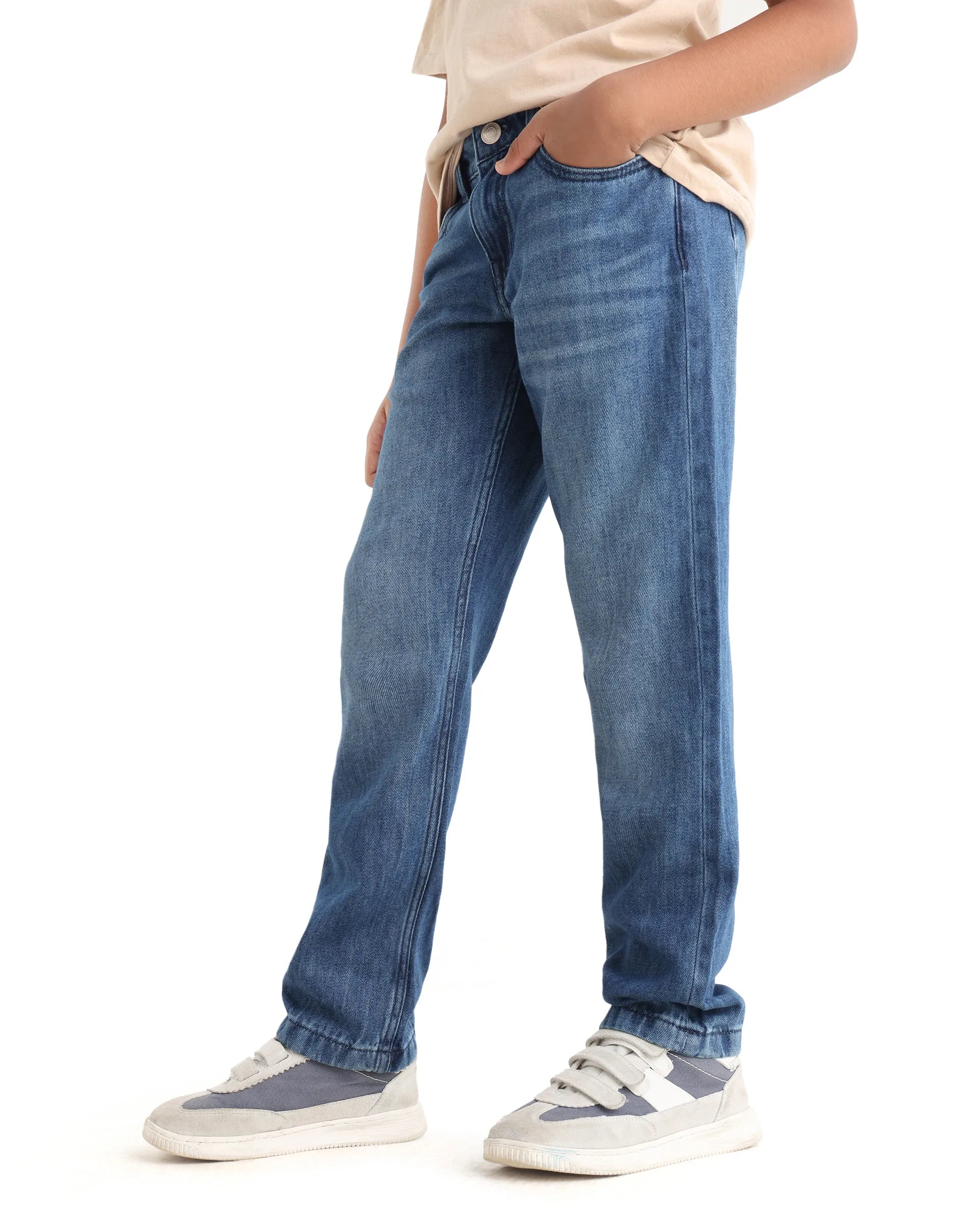 Rare Ones Kids Indi-K Light Navy Cotton Button And Zip Closure Plain Regular Fit Jeans