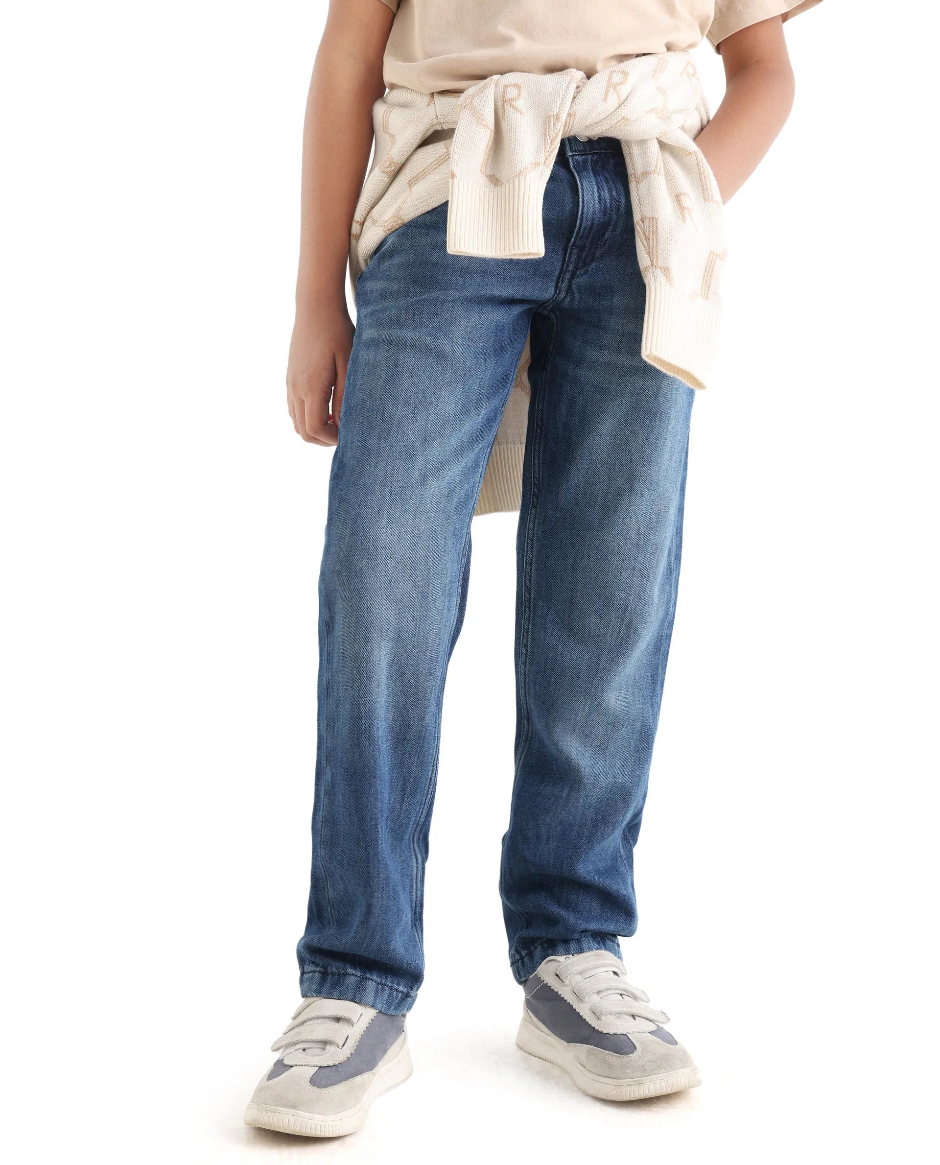 Rare Ones Kids Indi-K Light Navy Cotton Button And Zip Closure Plain Regular Fit Jeans