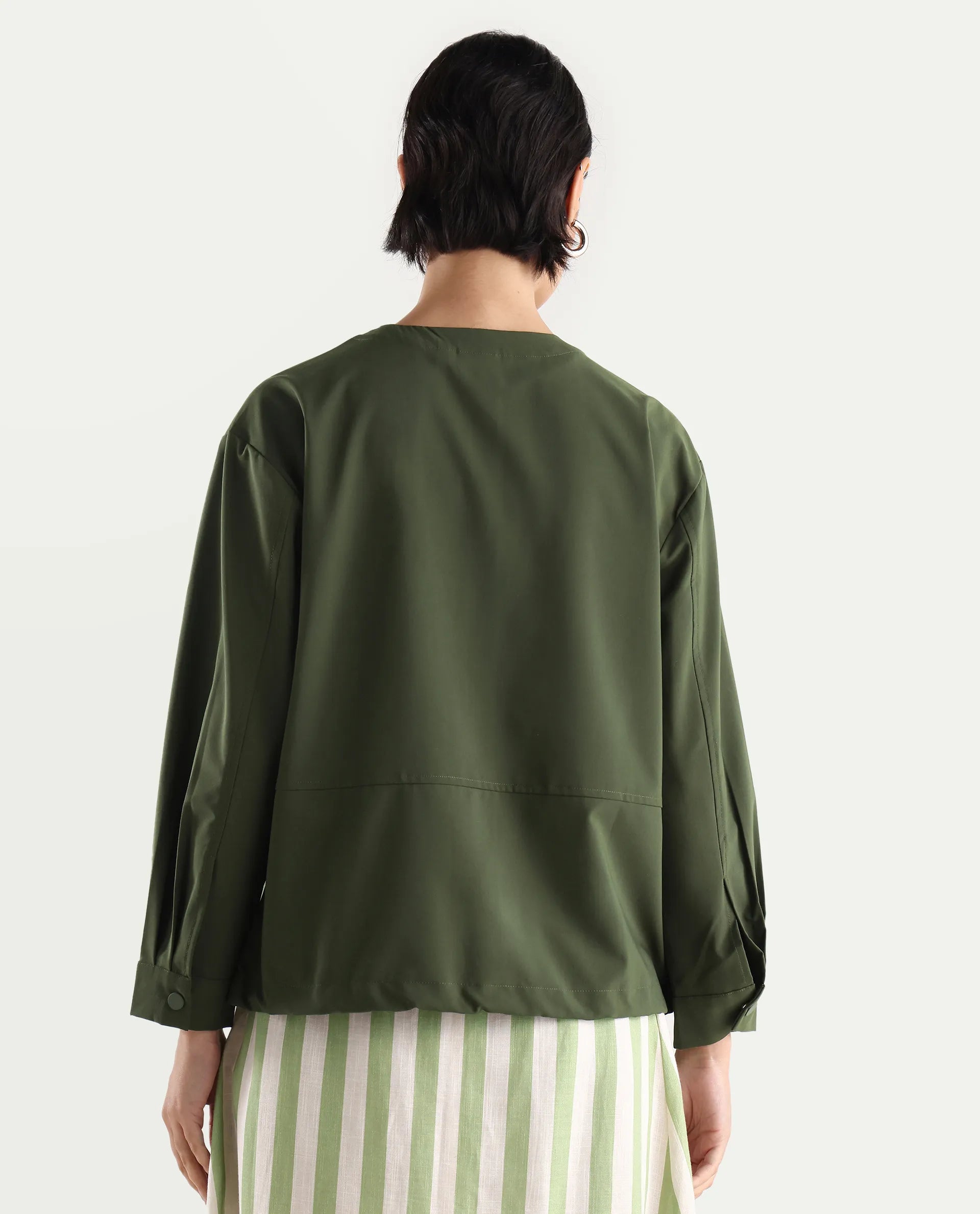 Rareism Women's Indow Olive Round Neck Plain Cuffed Sleeve Regular Fit Jacket