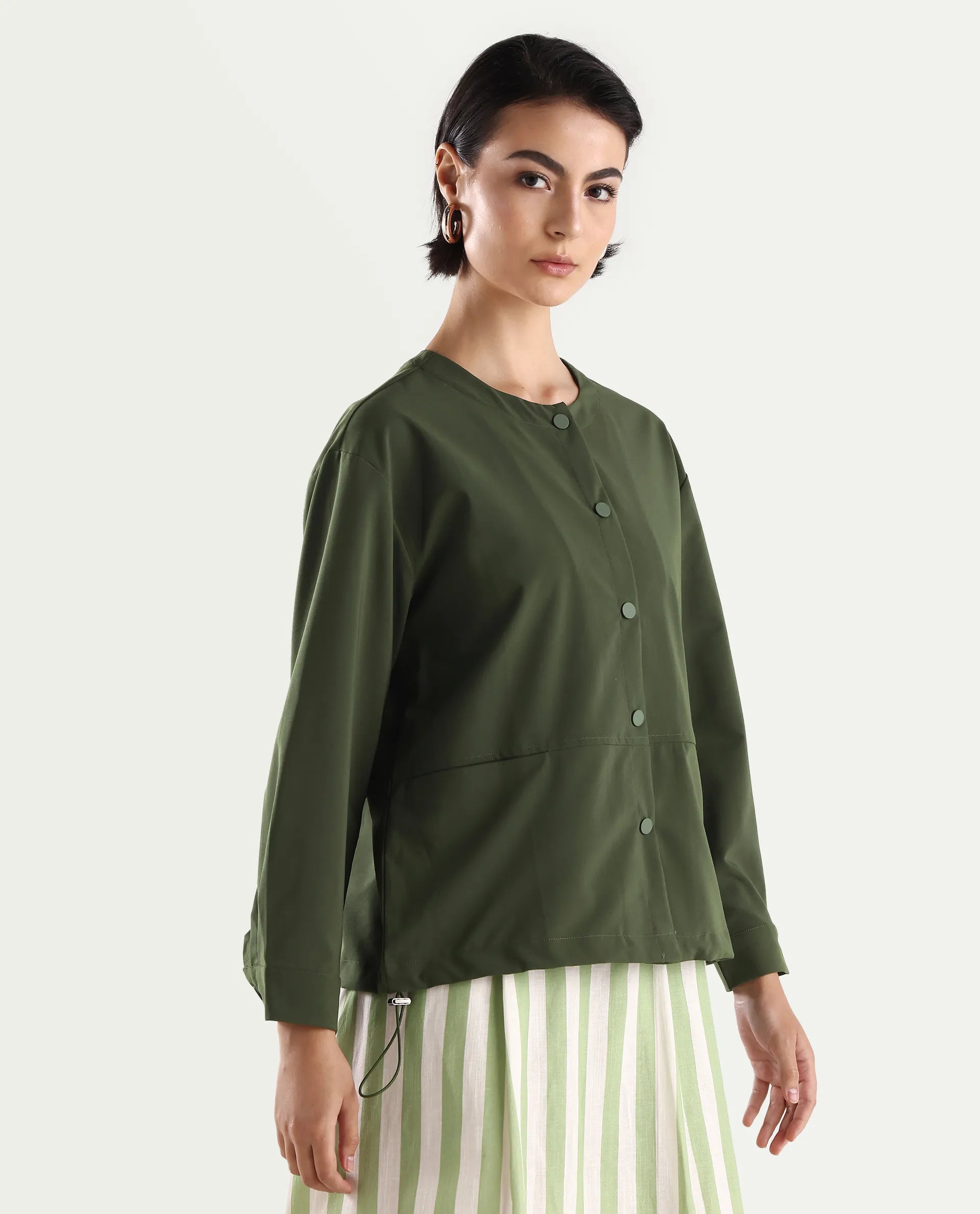 Rareism Women's Indow Olive Round Neck Plain Cuffed Sleeve Regular Fit Jacket