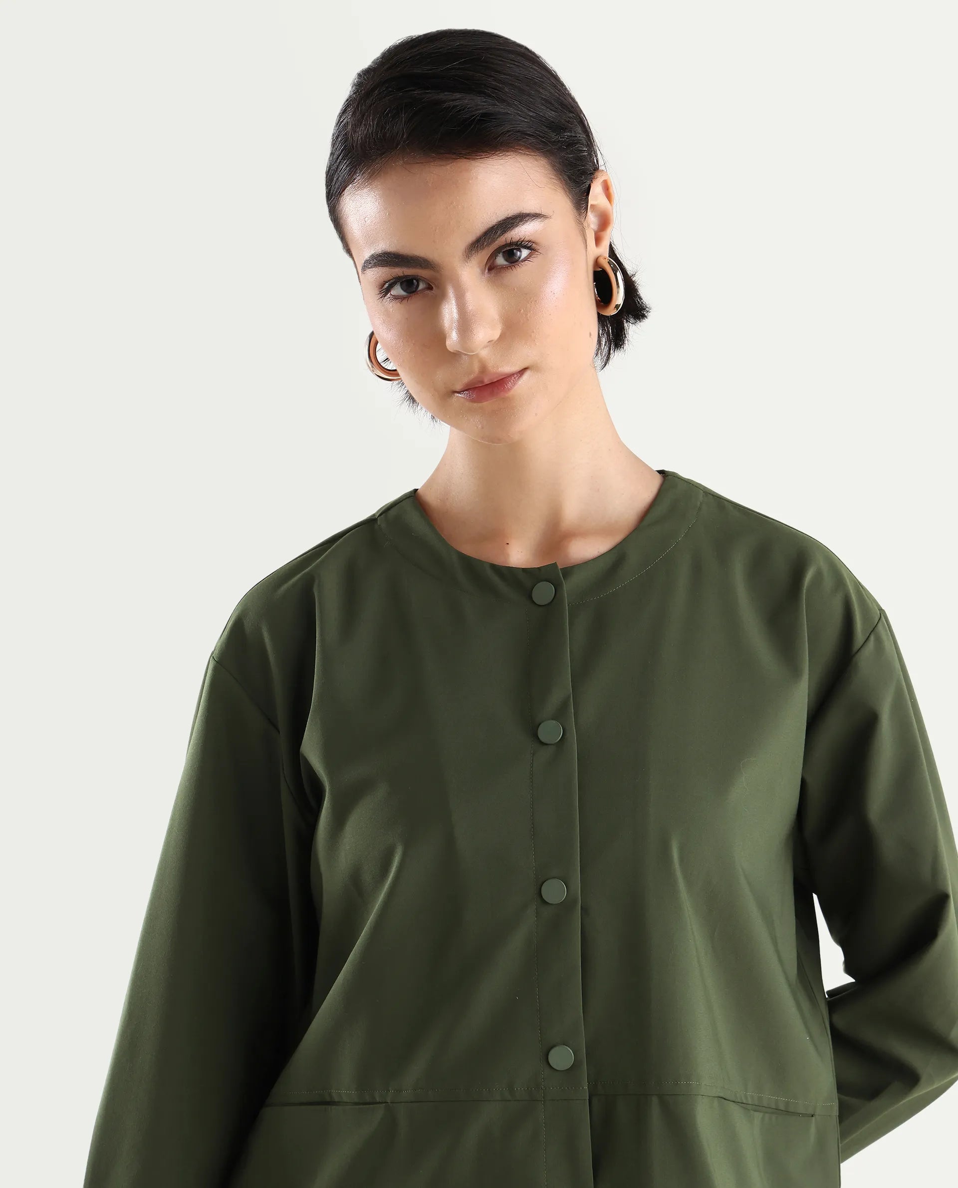Rareism Women's Indow Olive Round Neck Plain Cuffed Sleeve Regular Fit Jacket