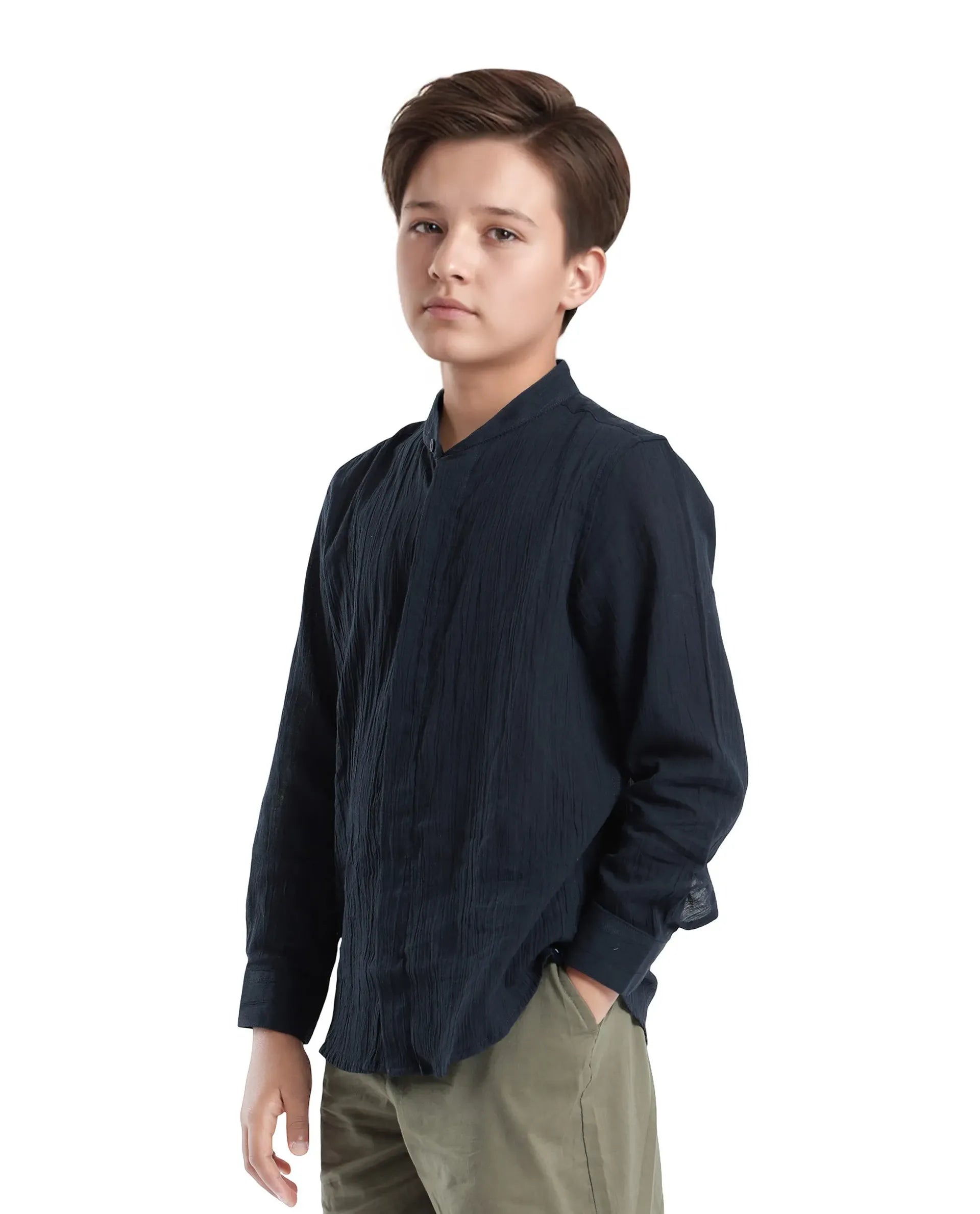 Rare Ones Kids Ines Dark Navy Cotton Long Sleeve Spread Collar Solid Shirt