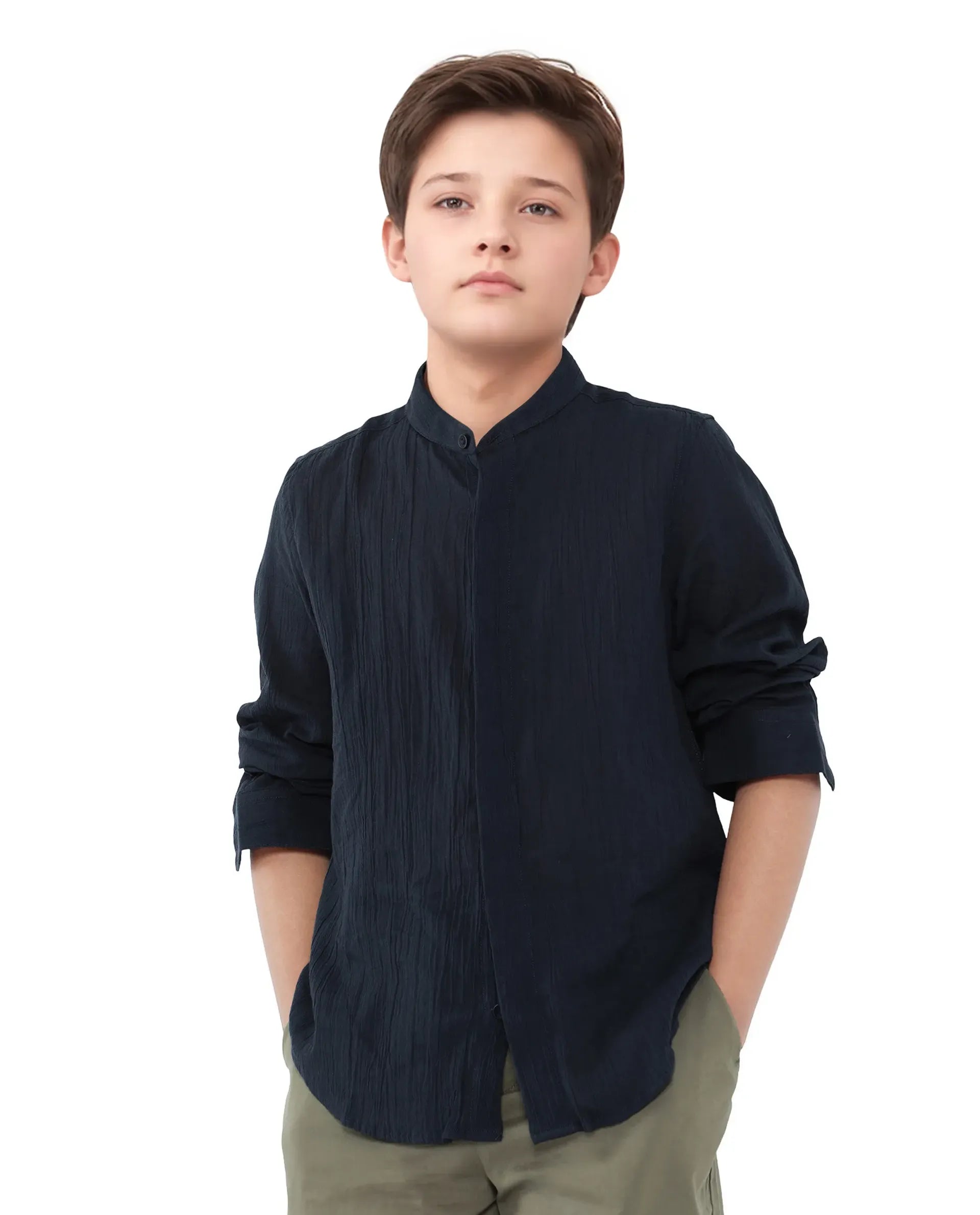 Rare Ones Kids Ines Dark Navy Cotton Long Sleeve Spread Collar Solid Shirt