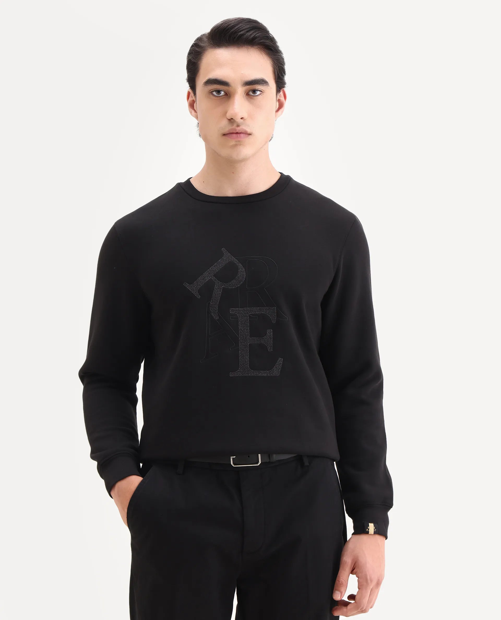 Rare Rabbit Men's Ingrid Black Cotton Embroidered Regular Fit Full Sleeve Crew Neck Sweatshirt