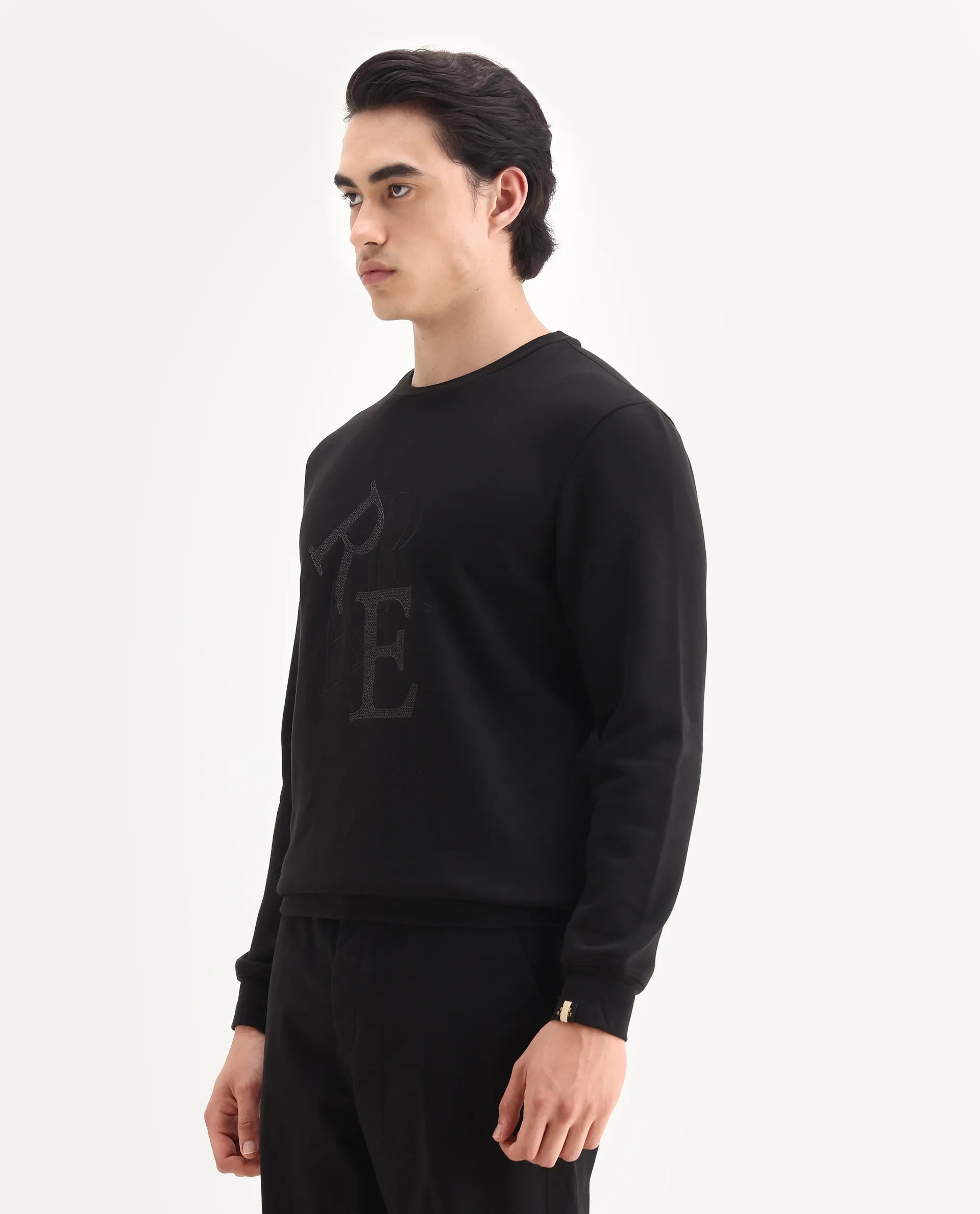 Rare Rabbit Men's Ingrid Black Cotton Embroidered Regular Fit Full Sleeve Crew Neck Sweatshirt