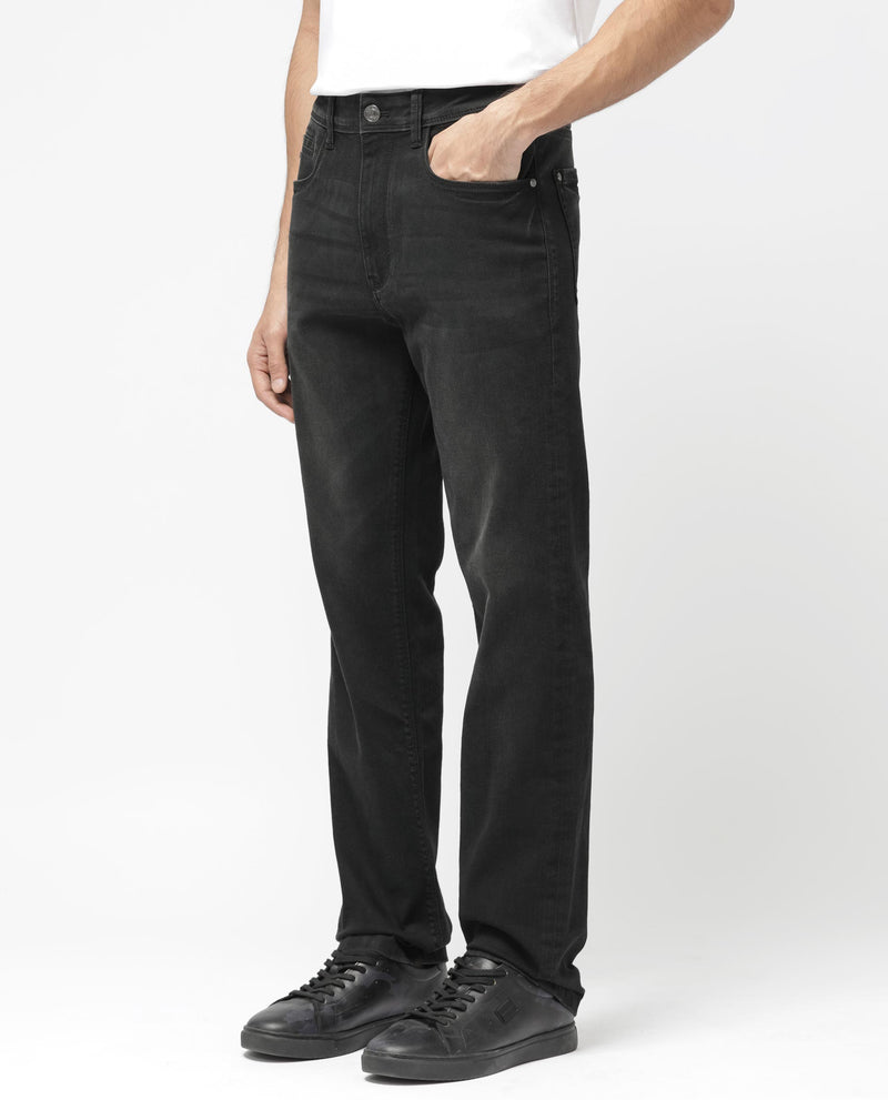 Rare Rabbit Men's Inky Black Regular Fit Mid Rise Dark Wash With Mild Whiskers Jeans