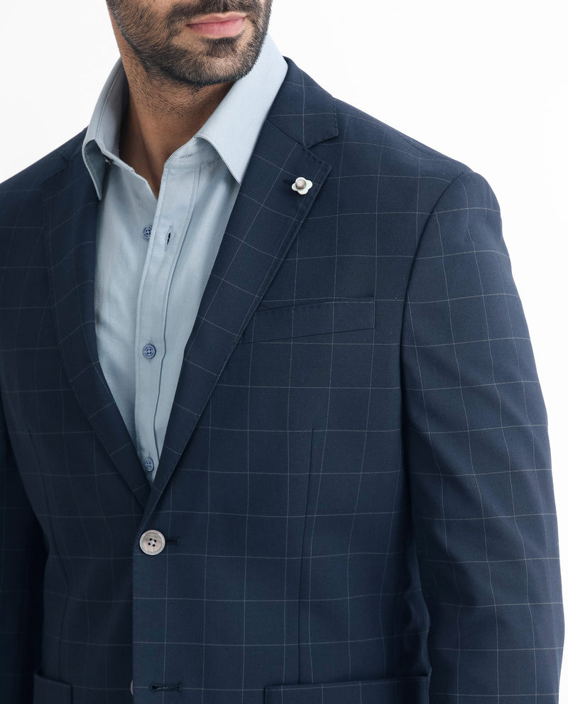 Rare Rabbit Men's Inlet Dark Navy Polyester Viscose Fabric Notch Lapel Button Closure Single Breasted Windowpane Checks Suits