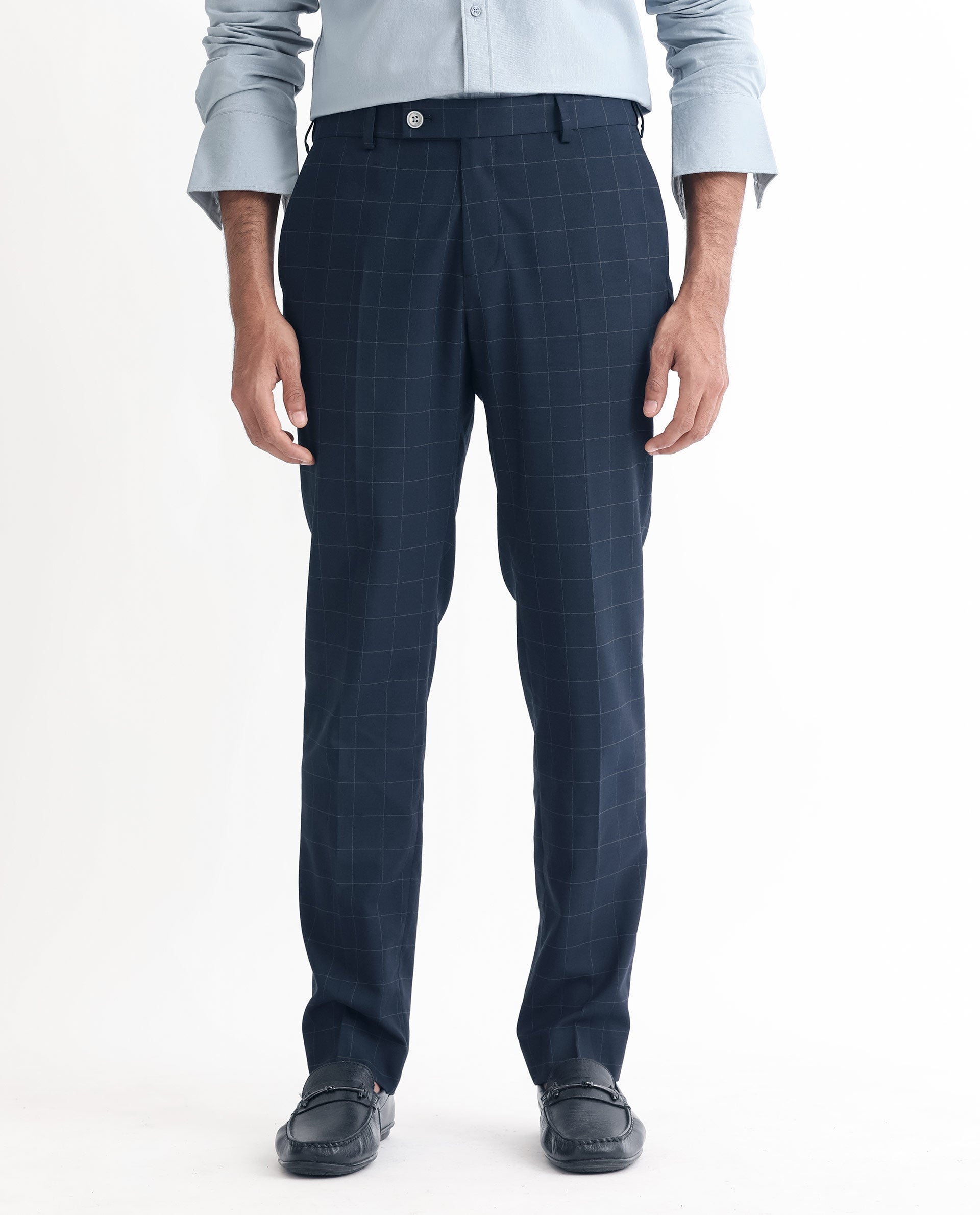 Rare Rabbit Men's Inlet Dark Navy Polyester Viscose Fabric Notch Lapel Button Closure Single Breasted Windowpane Checks Suits