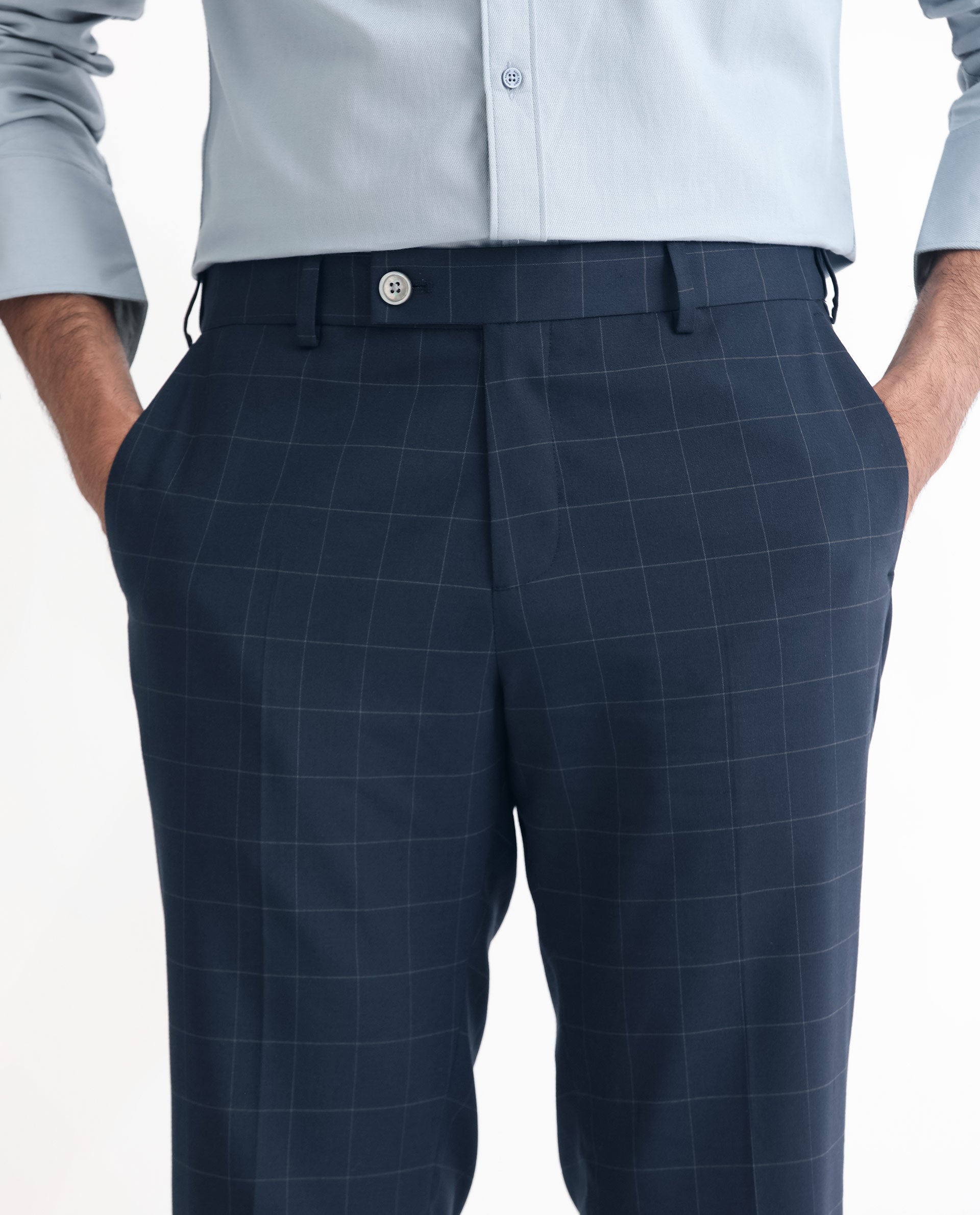 Rare Rabbit Men's Inlet Dark Navy Polyester Viscose Fabric Notch Lapel Button Closure Single Breasted Windowpane Checks Suits