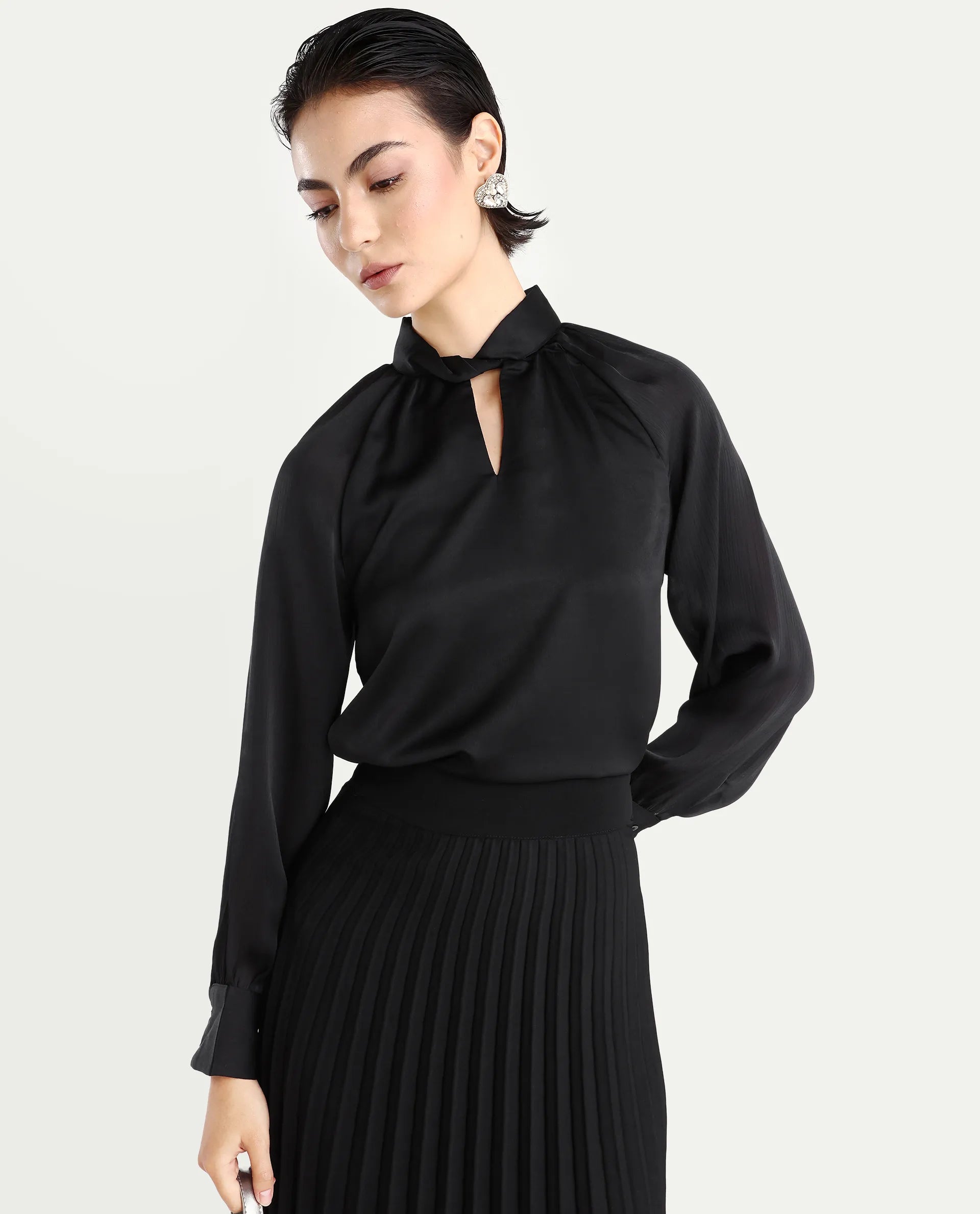 Rareism Women's Innoga Black Satin High Neck Plain Cuffed Sleeve Regular Fit Top