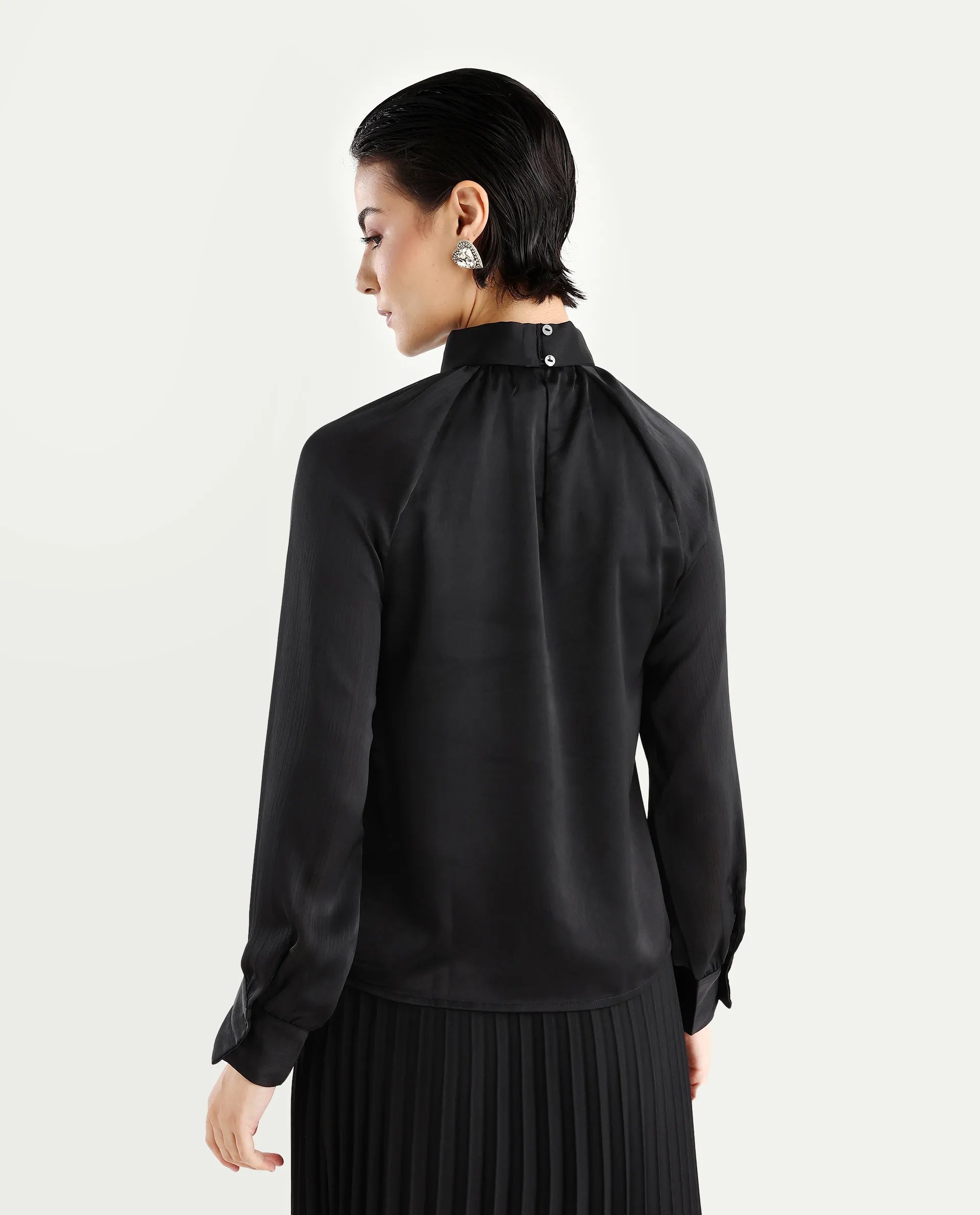 Rareism Women's Innoga Black Satin High Neck Plain Cuffed Sleeve Regular Fit Top