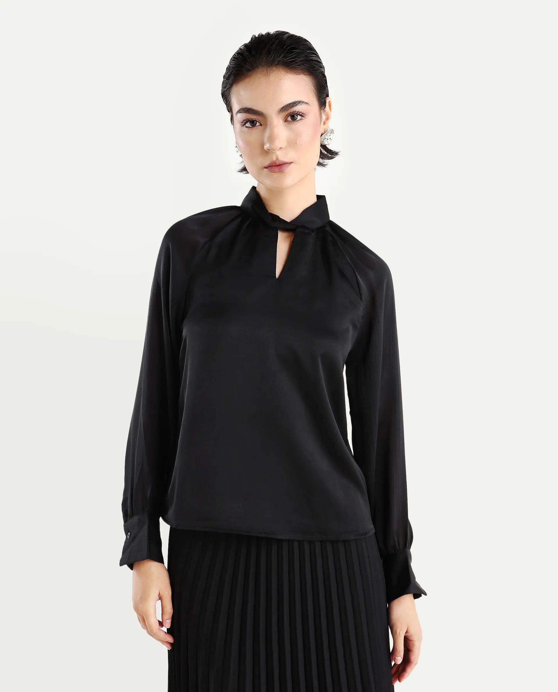 Rareism Women's Innoga Black Satin High Neck Plain Cuffed Sleeve Regular Fit Top