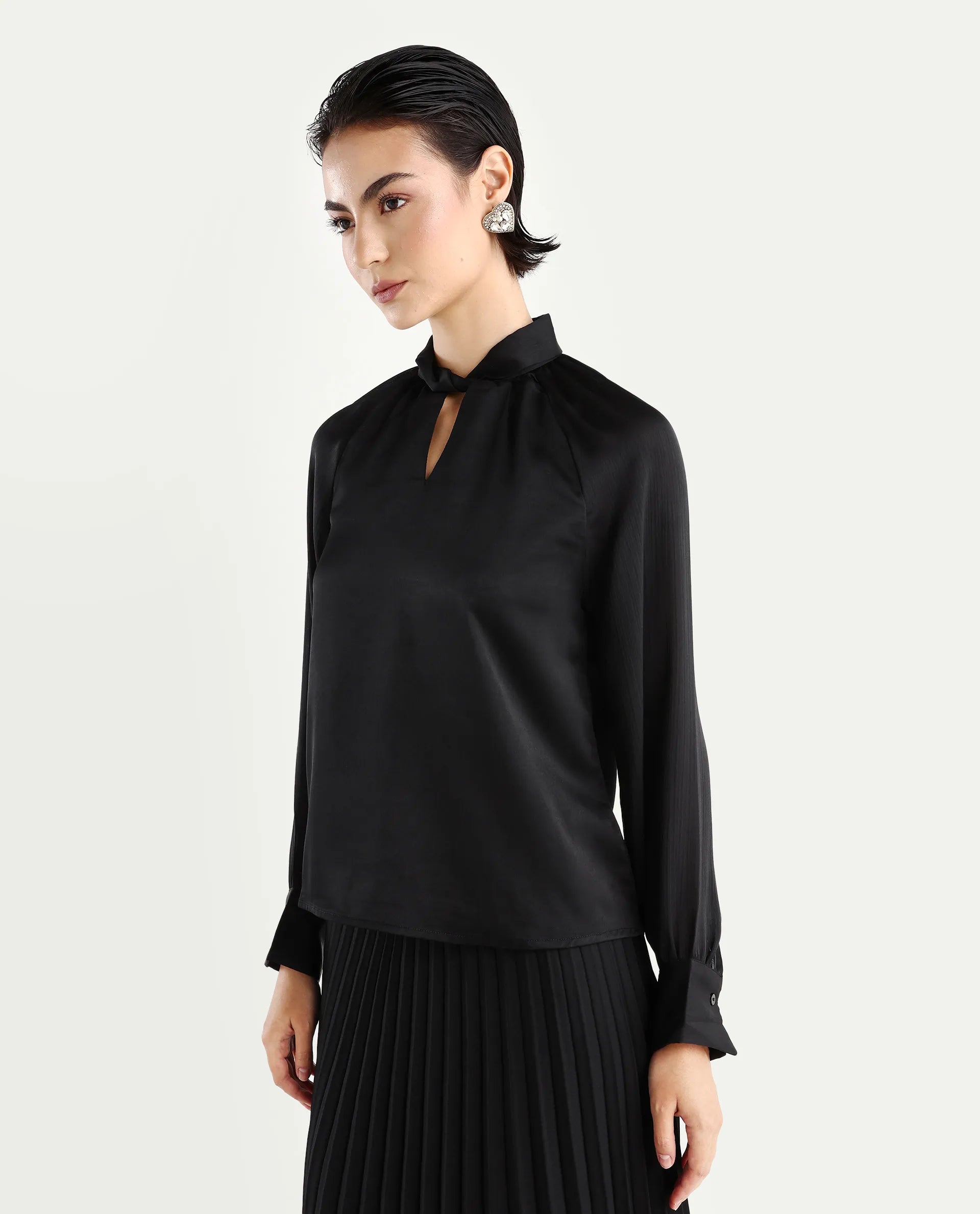 Rareism Women's Innoga Black Satin High Neck Plain Cuffed Sleeve Regular Fit Top
