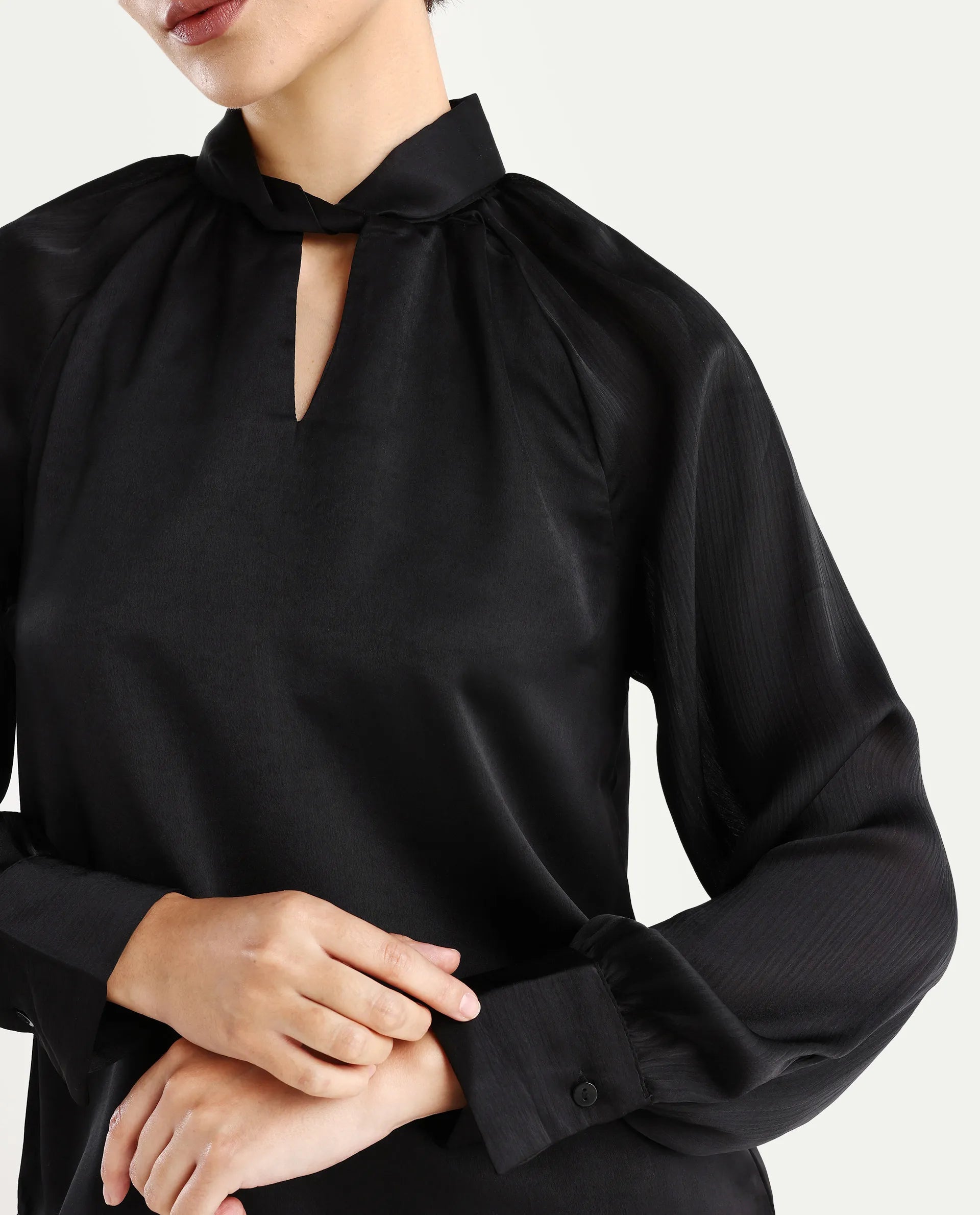 Rareism Women's Innoga Black Satin High Neck Plain Cuffed Sleeve Regular Fit Top