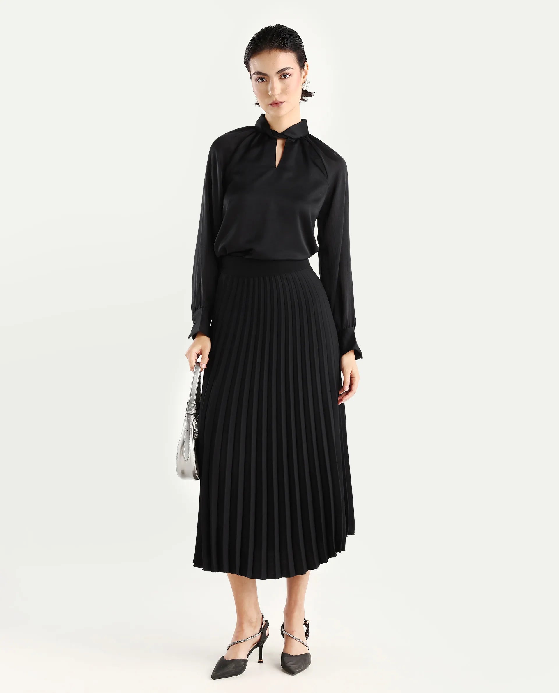 Rareism Women's Innoga Black Satin High Neck Plain Cuffed Sleeve Regular Fit Top