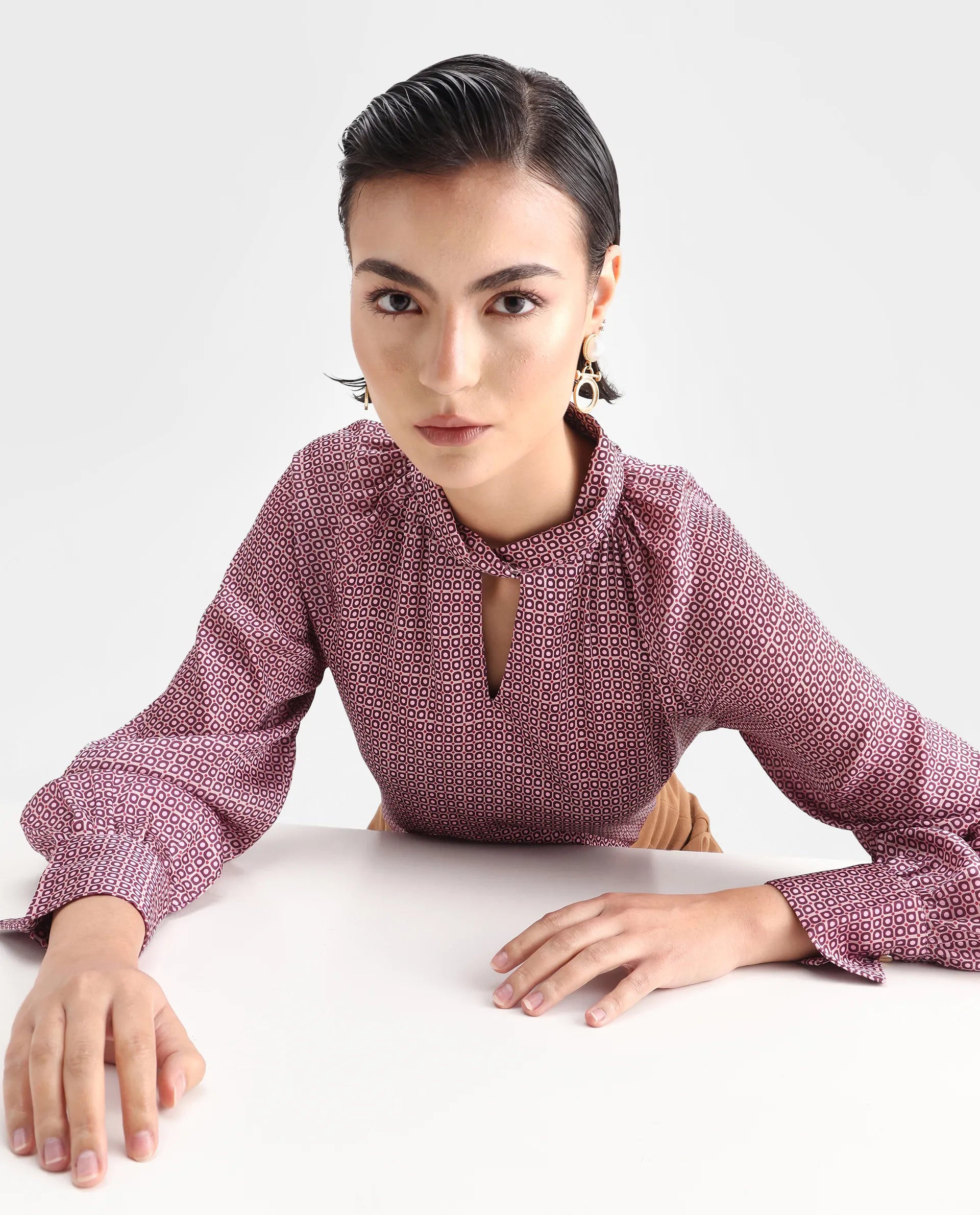 Rareism Women's Inno Multi Satin High Neck Geometric Print Cuffed Sleeve Regular Fit Top