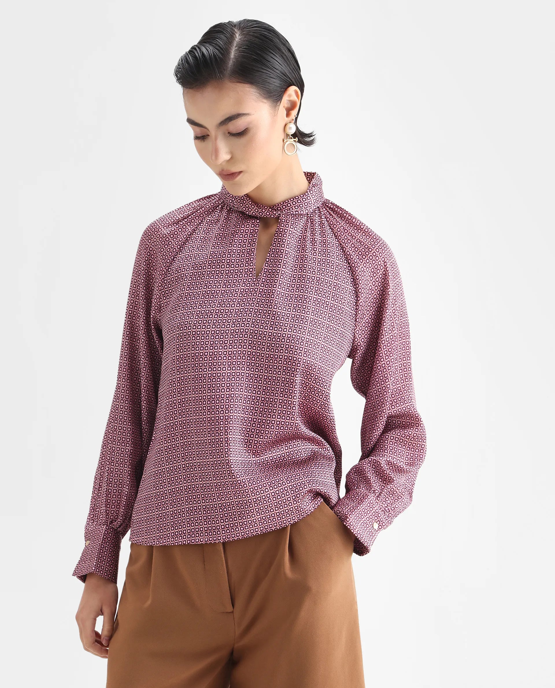 Rareism Women's Inno Multi Satin High Neck Geometric Print Cuffed Sleeve Regular Fit Top