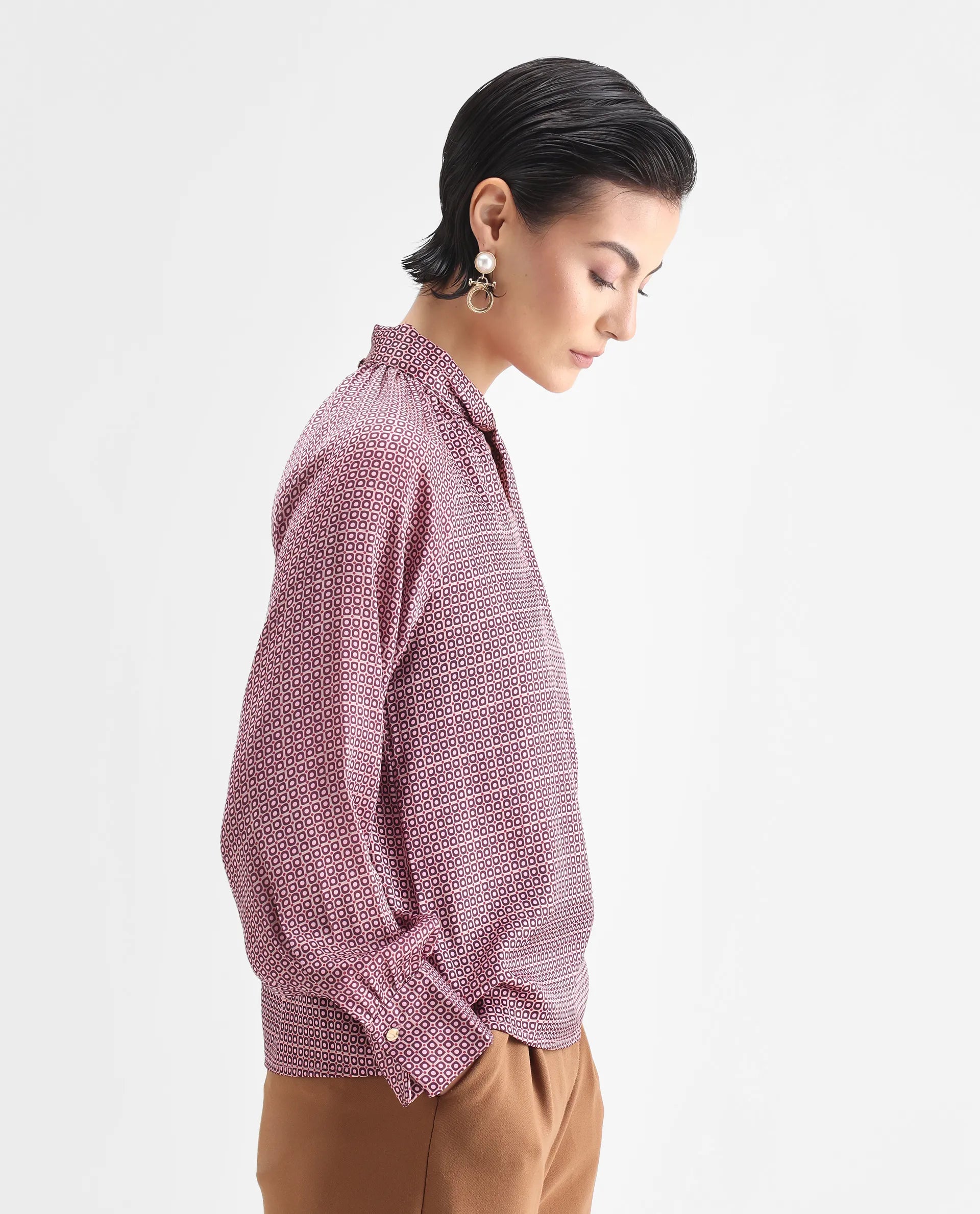 Rareism Women's Inno Multi Satin High Neck Geometric Print Cuffed Sleeve Regular Fit Top