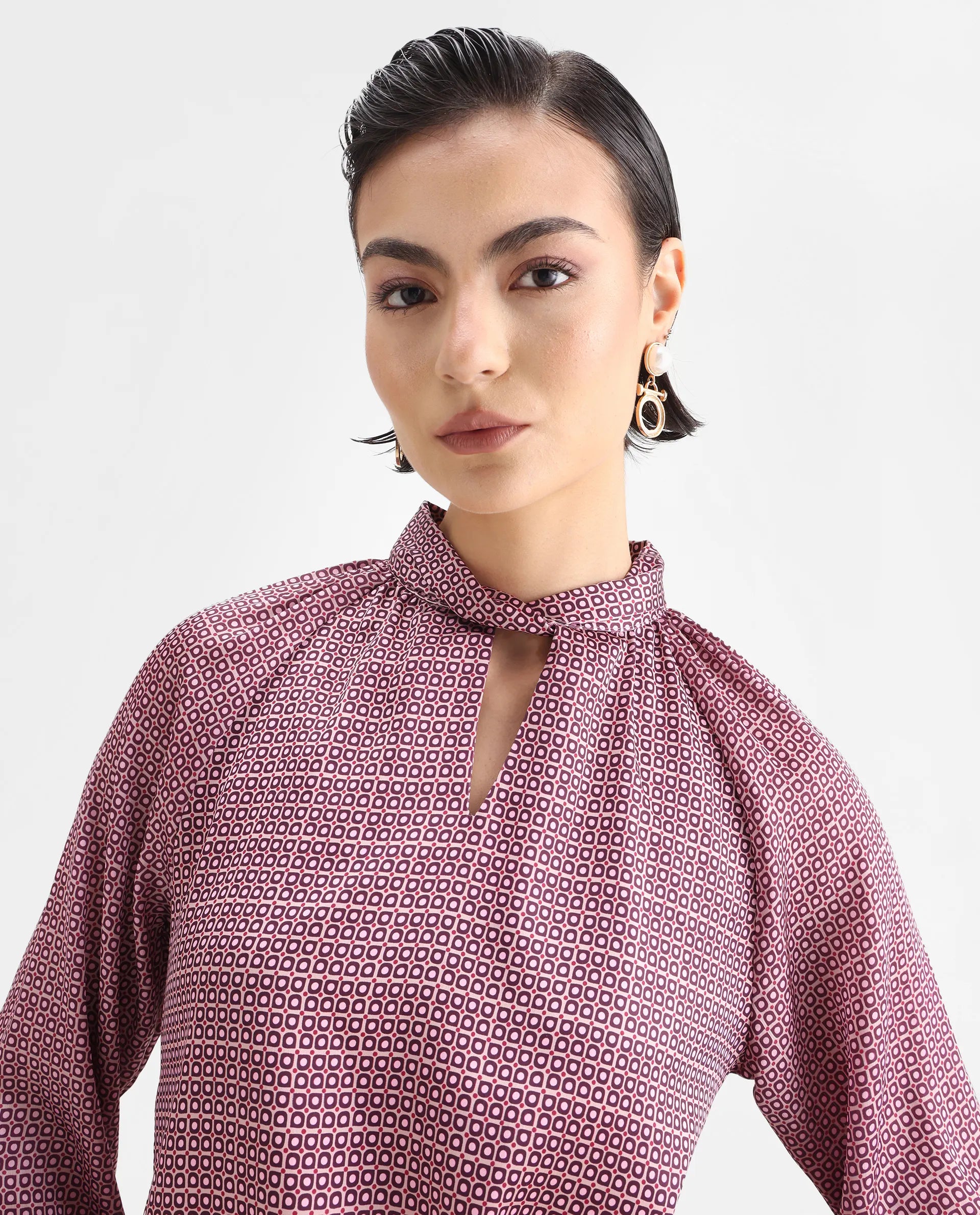 Rareism Women's Inno Multi Satin High Neck Geometric Print Cuffed Sleeve Regular Fit Top
