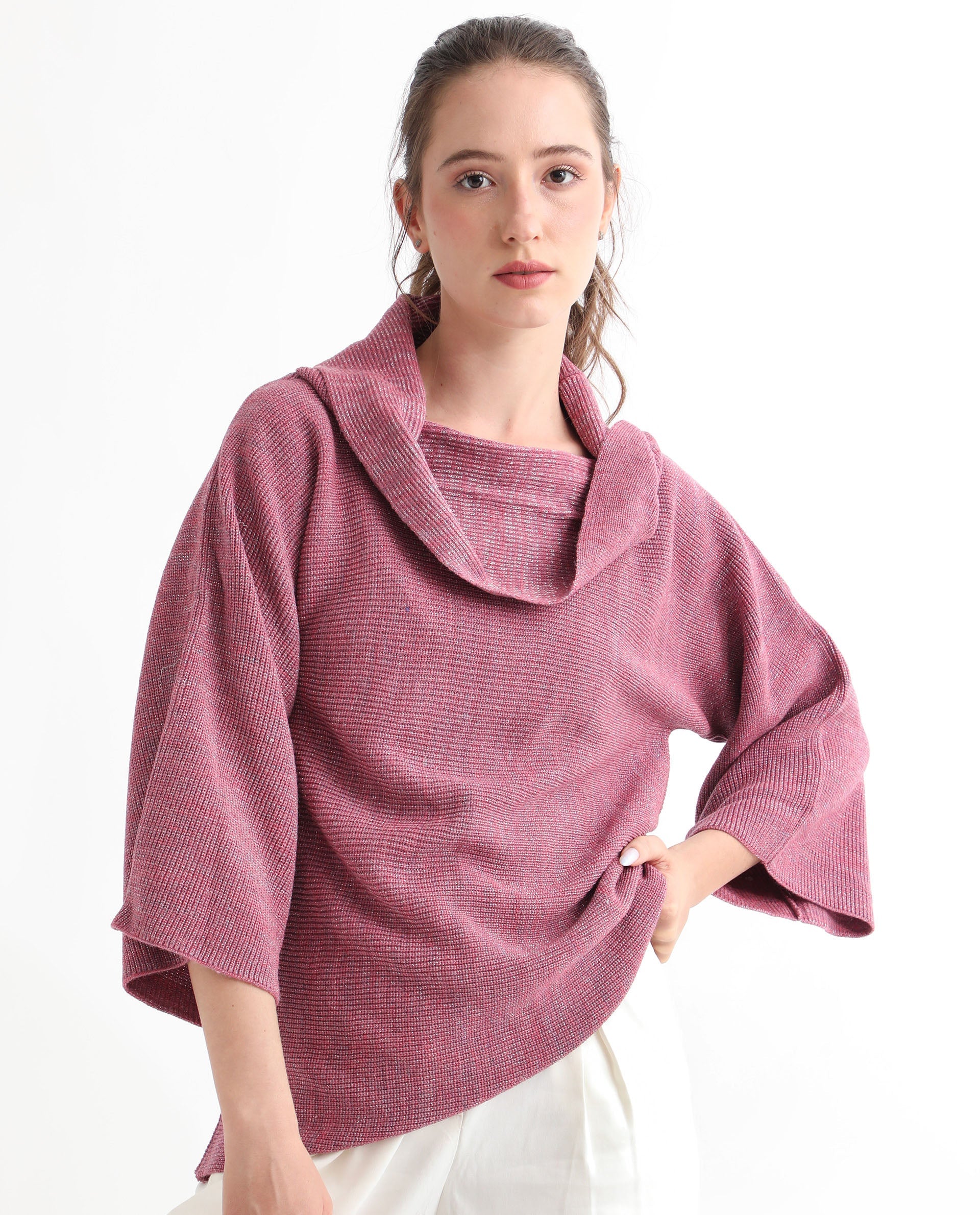 Rareism Women Innov Pink Polyester Fabric 3/4Th Sleeves Knee Length Relaxed Fit Solid Cowl Neck Sweater