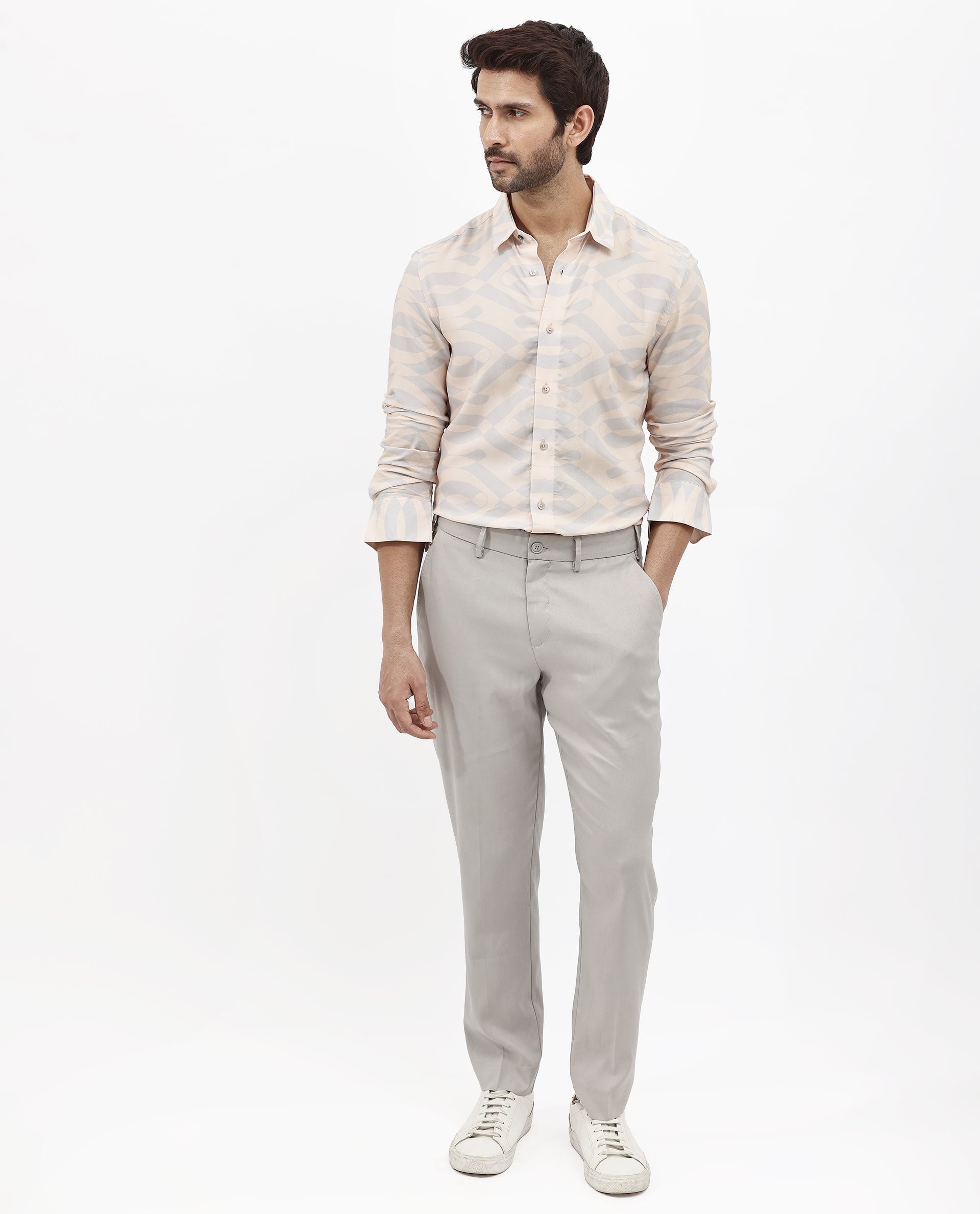 Rare Rabbit Mens Inot Pastel Peach Full Sleeve Regular Fit Abstract Print Shirt