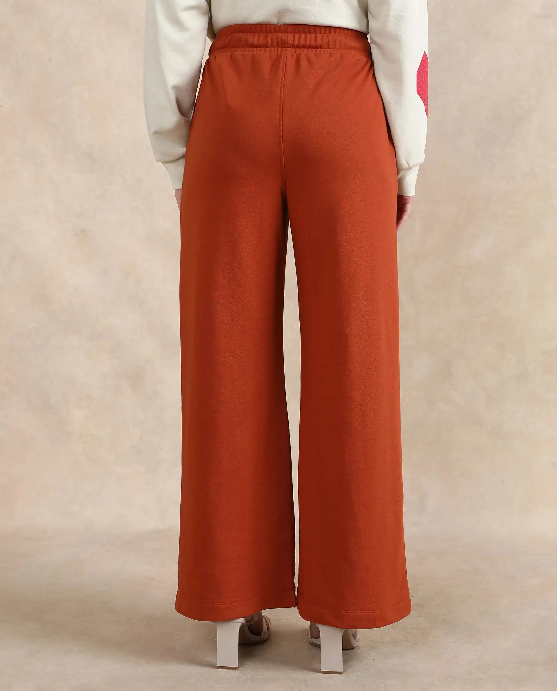 Rareism Women Inout Rust Cotton Blend Fabric Wide Fit Ankle Length Plain Track Pant