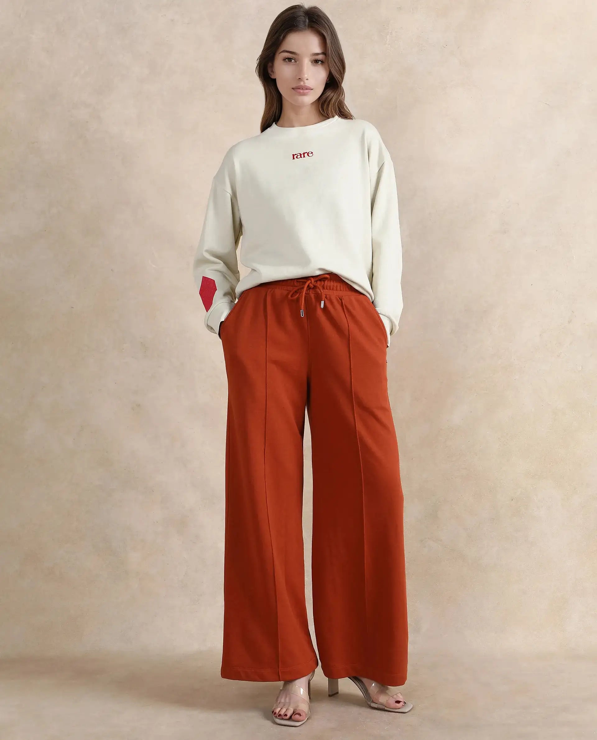 Rareism Women Inout Rust Cotton Blend Fabric Wide Fit Ankle Length Plain Track Pant