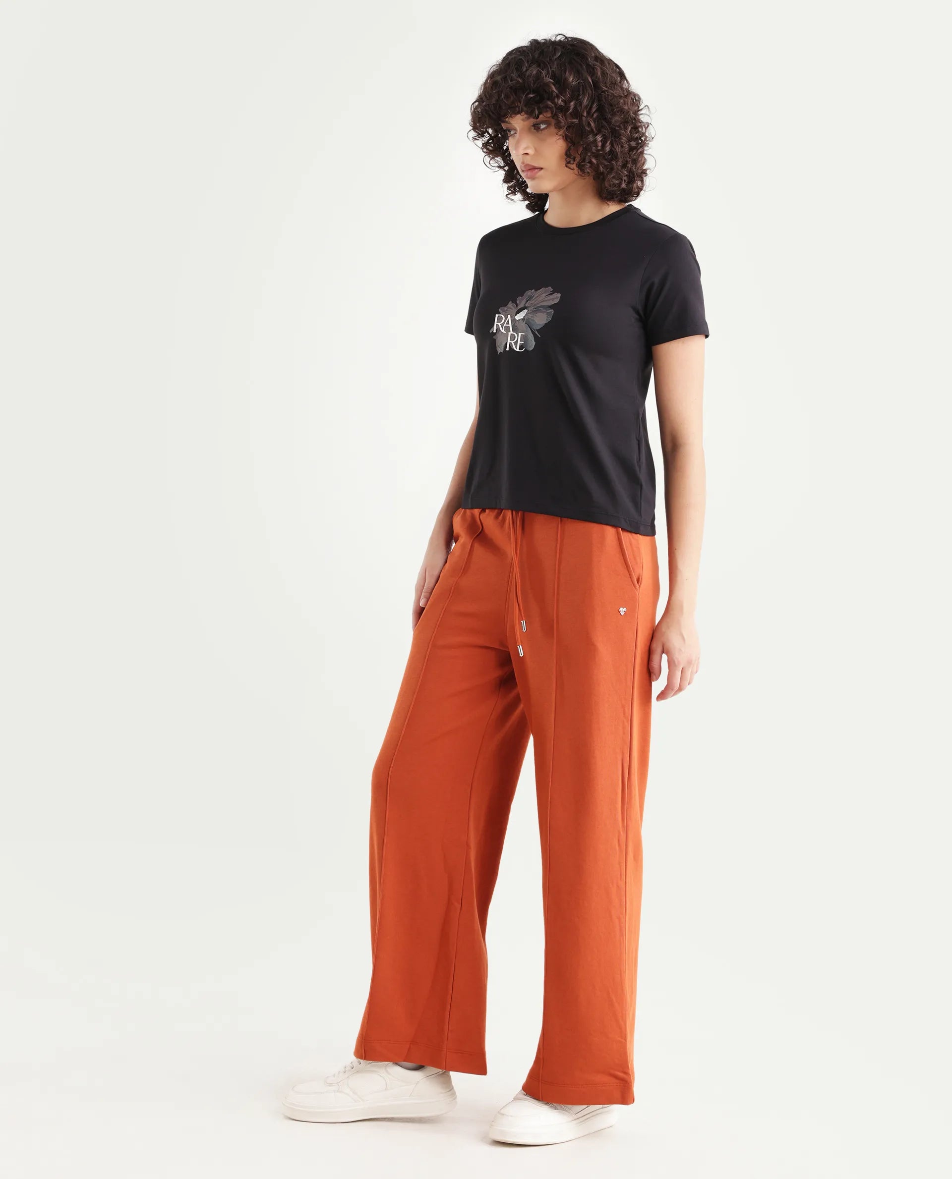 Rareism Women's Inout Rust Cotton Blend Plain Ankle Length Wide Track Pant