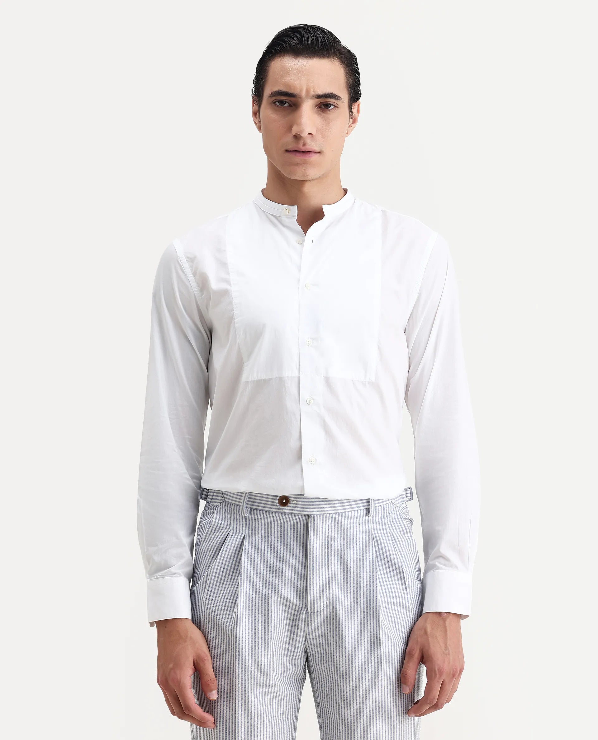 Rare Rabbit Men's Into White Cotton Plain Regular Fit Full Sleeve Mandarin Collar Shirt