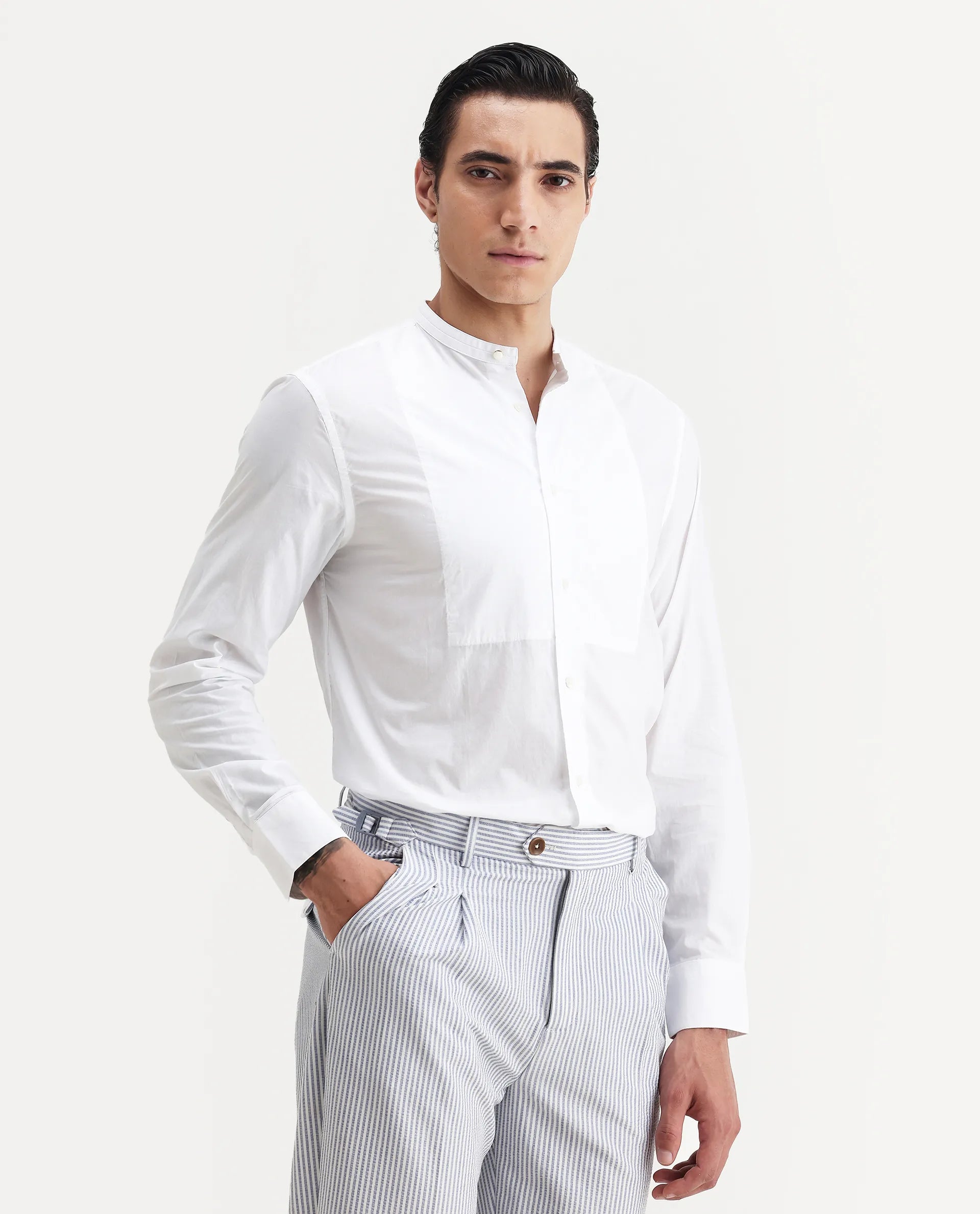 Rare Rabbit Men's Into White Cotton Plain Regular Fit Full Sleeve Mandarin Collar Shirt