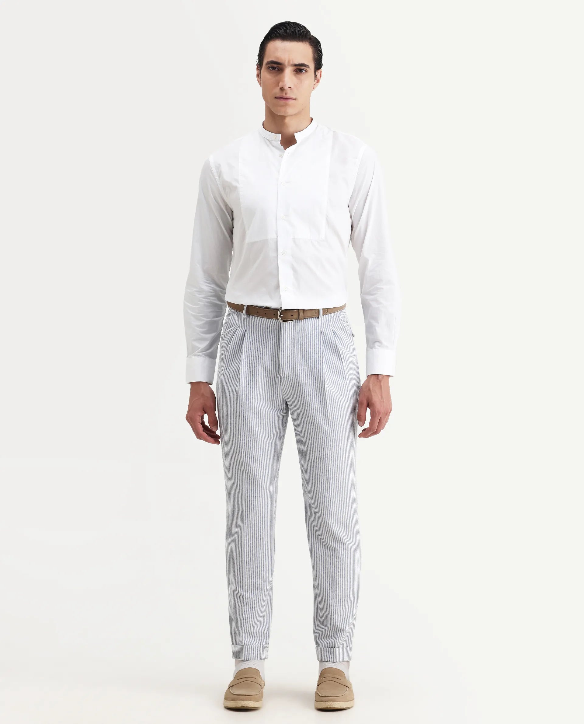 Rare Rabbit Men's Into White Cotton Plain Regular Fit Full Sleeve Mandarin Collar Shirt