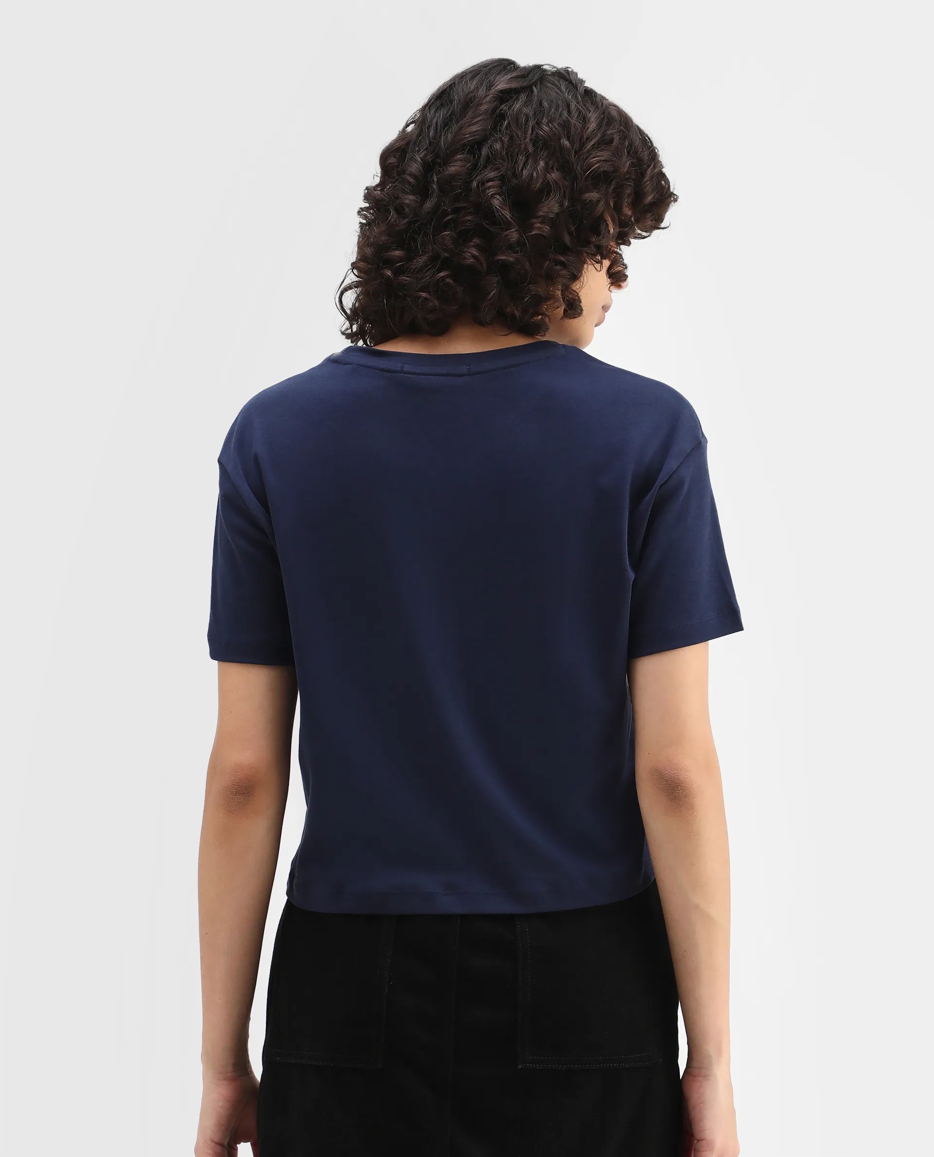 Rareism Women's Iolet Blue Cotton Crew Neck Graphic Print Regular Fit T-Shirt