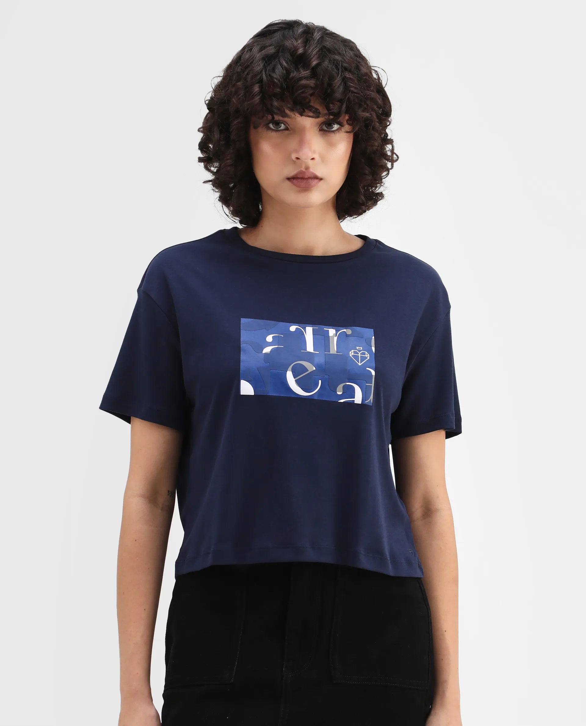 Rareism Women's Iolet Blue Cotton Crew Neck Graphic Print Regular Fit T-Shirt