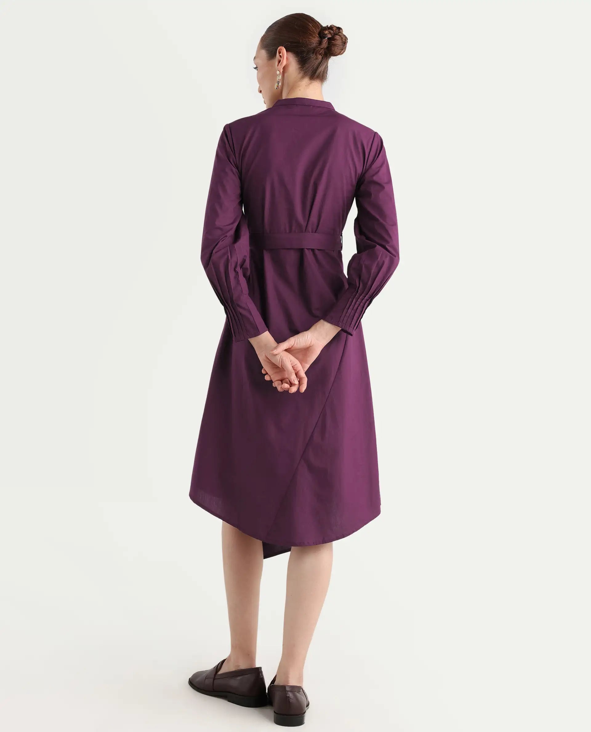 Rareism Women's Iona Purple Cotton Mandarin Collar Plain Cuffed Sleeve Midi Fit And Flare Dress
