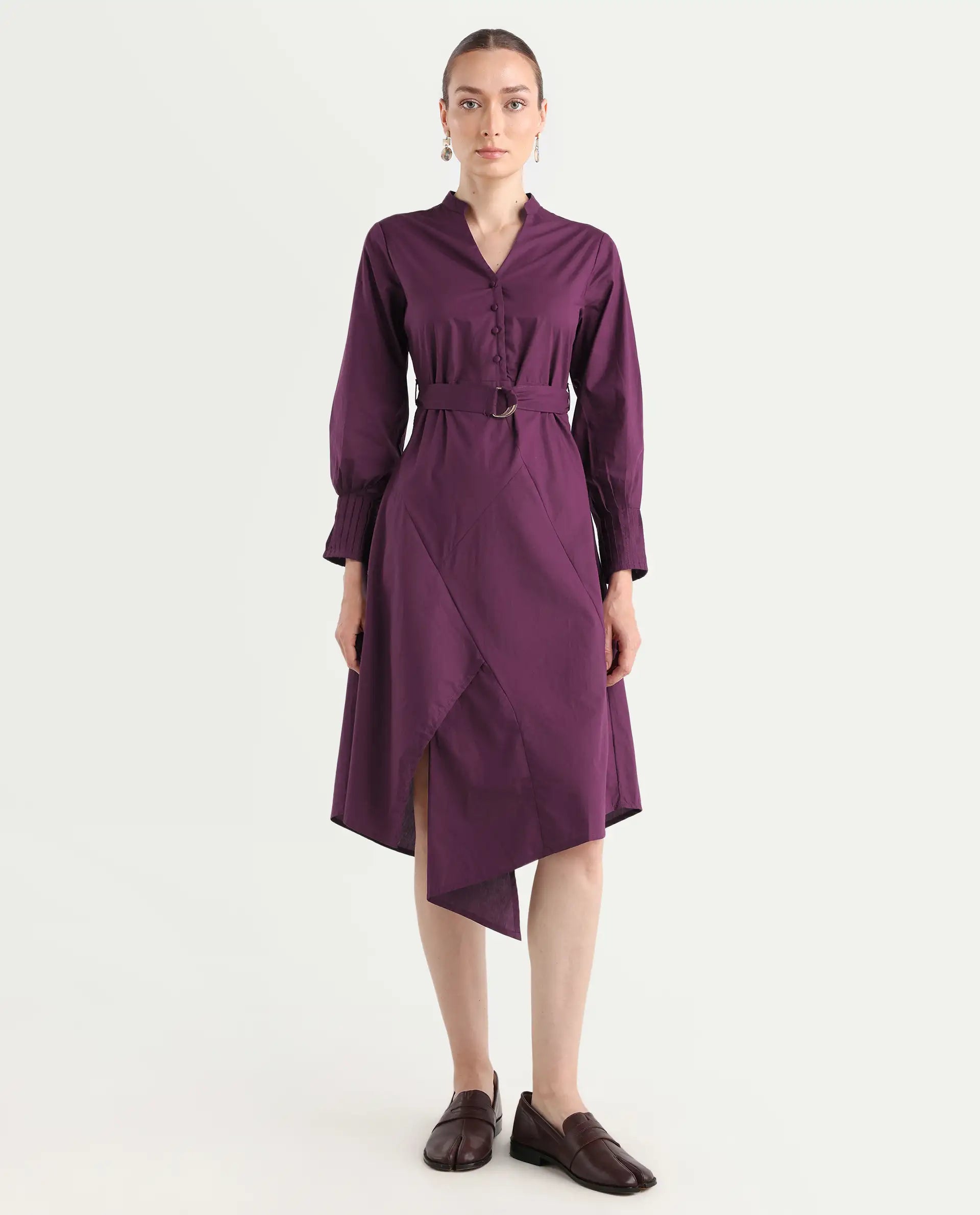 Rareism Women's Iona Purple Cotton Mandarin Collar Plain Cuffed Sleeve Midi Fit And Flare Dress