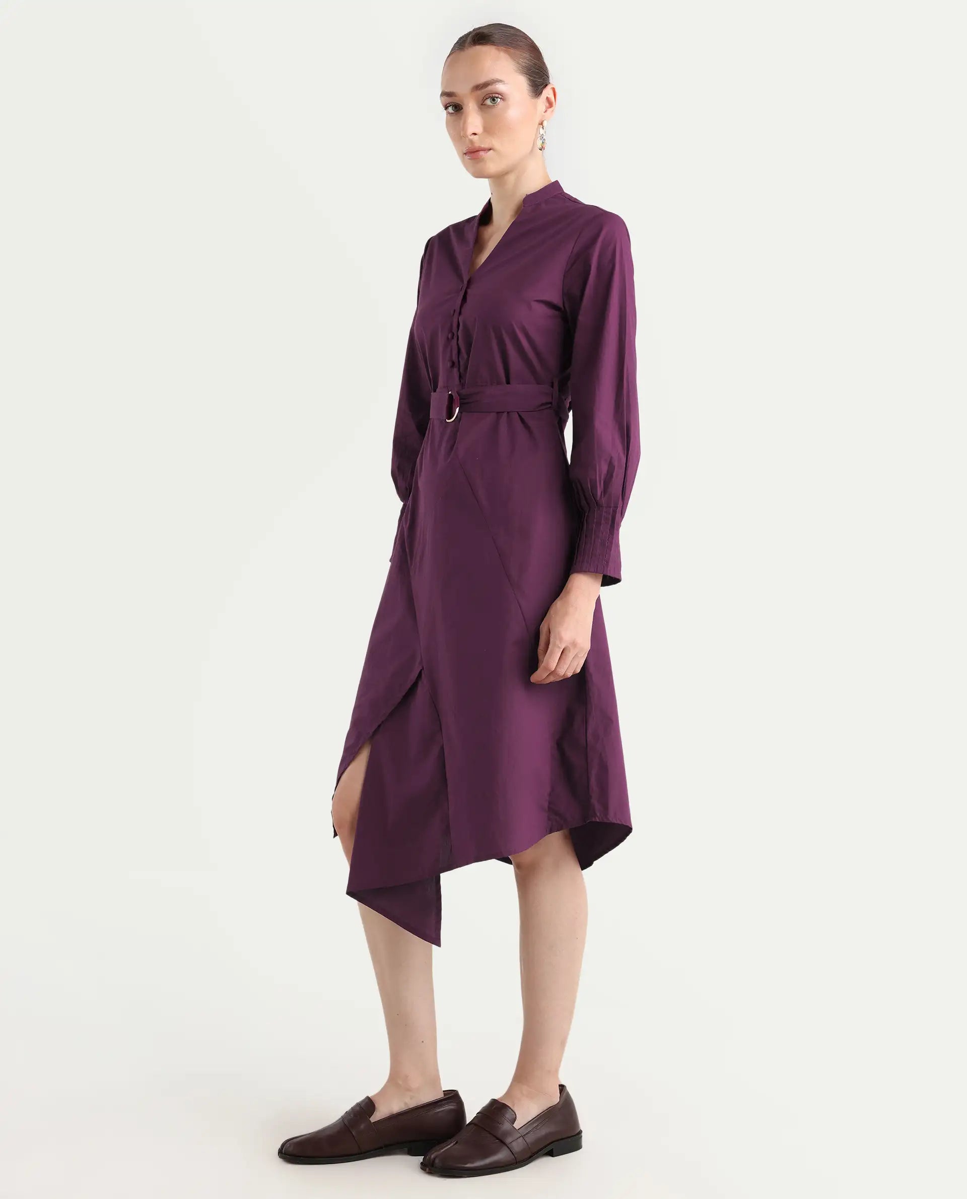 Rareism Women's Iona Purple Cotton Mandarin Collar Plain Cuffed Sleeve Midi Fit And Flare Dress